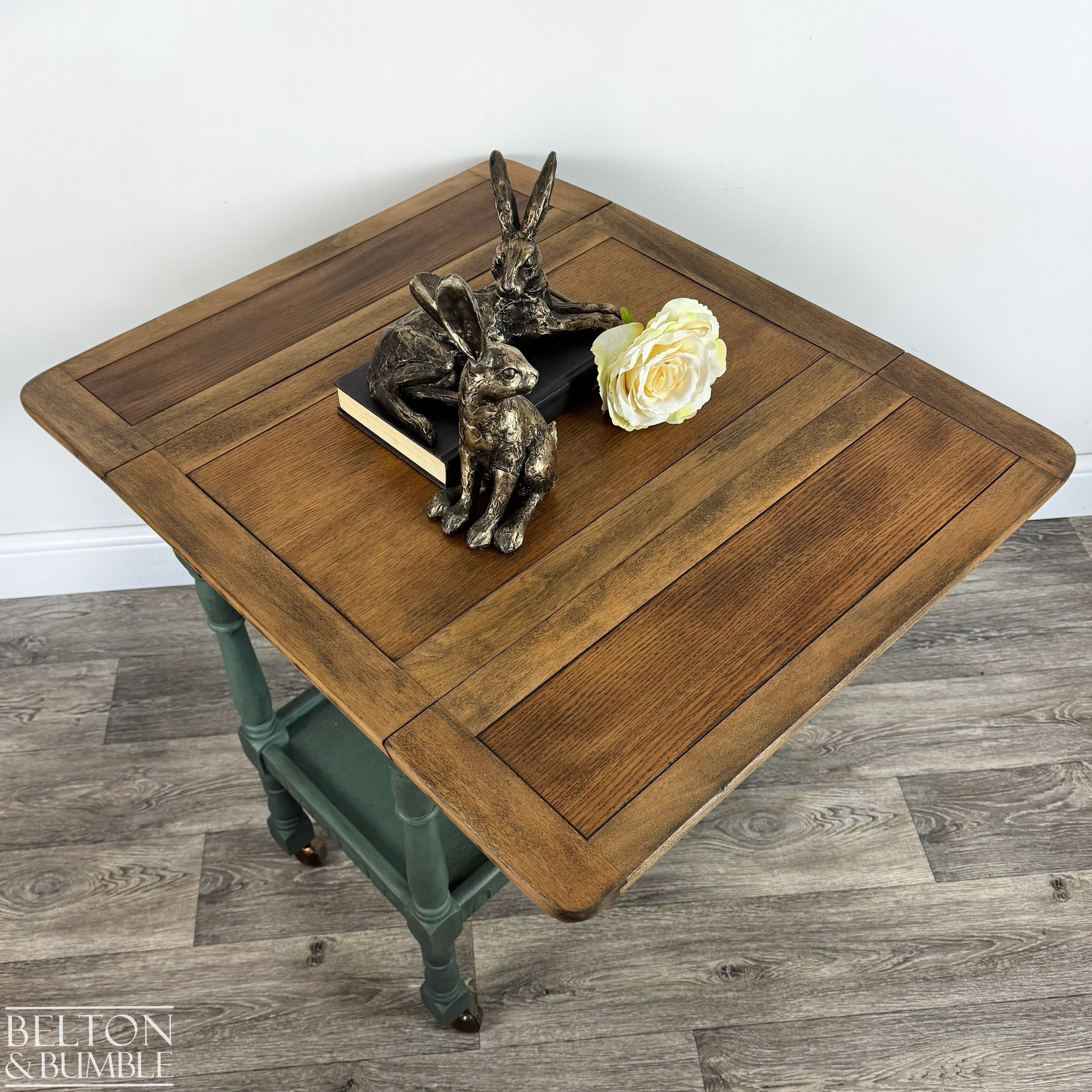 Mid 20th Century Oak Drop Leaf Serving Trolley Table in Green-Belton & Bumble