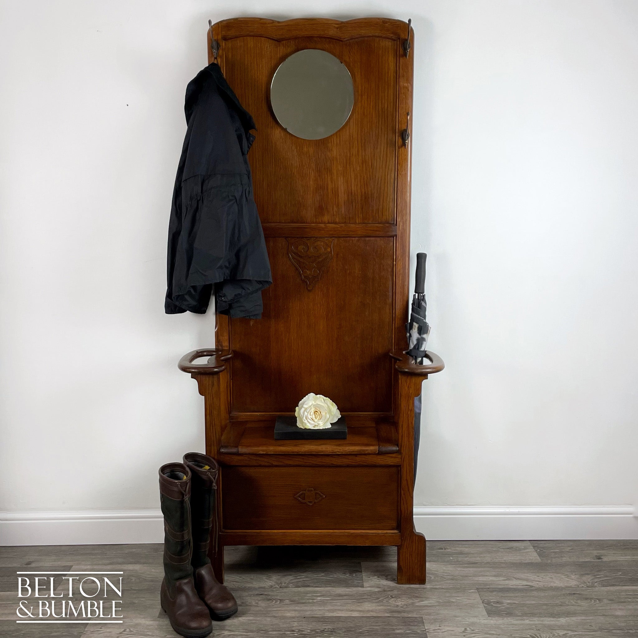 Oak Hallway Stand With Mirror, Coat Hooks, Umbrella Holders, And Lift Lid Storage Bench-Belton & Butler