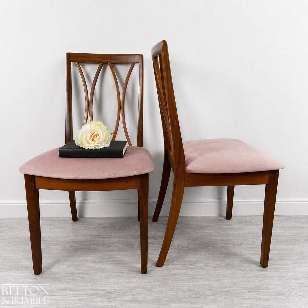 Set of Four Modern G-Plan Curve Back Teak & Afrormosia Dining Chairs by E. Gomme with Dusky Pink Velvet, 1970’s