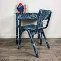 Old School Lift Lid Child’s Writing Desk and Chair in Navy Blue with Multi Coloured Details