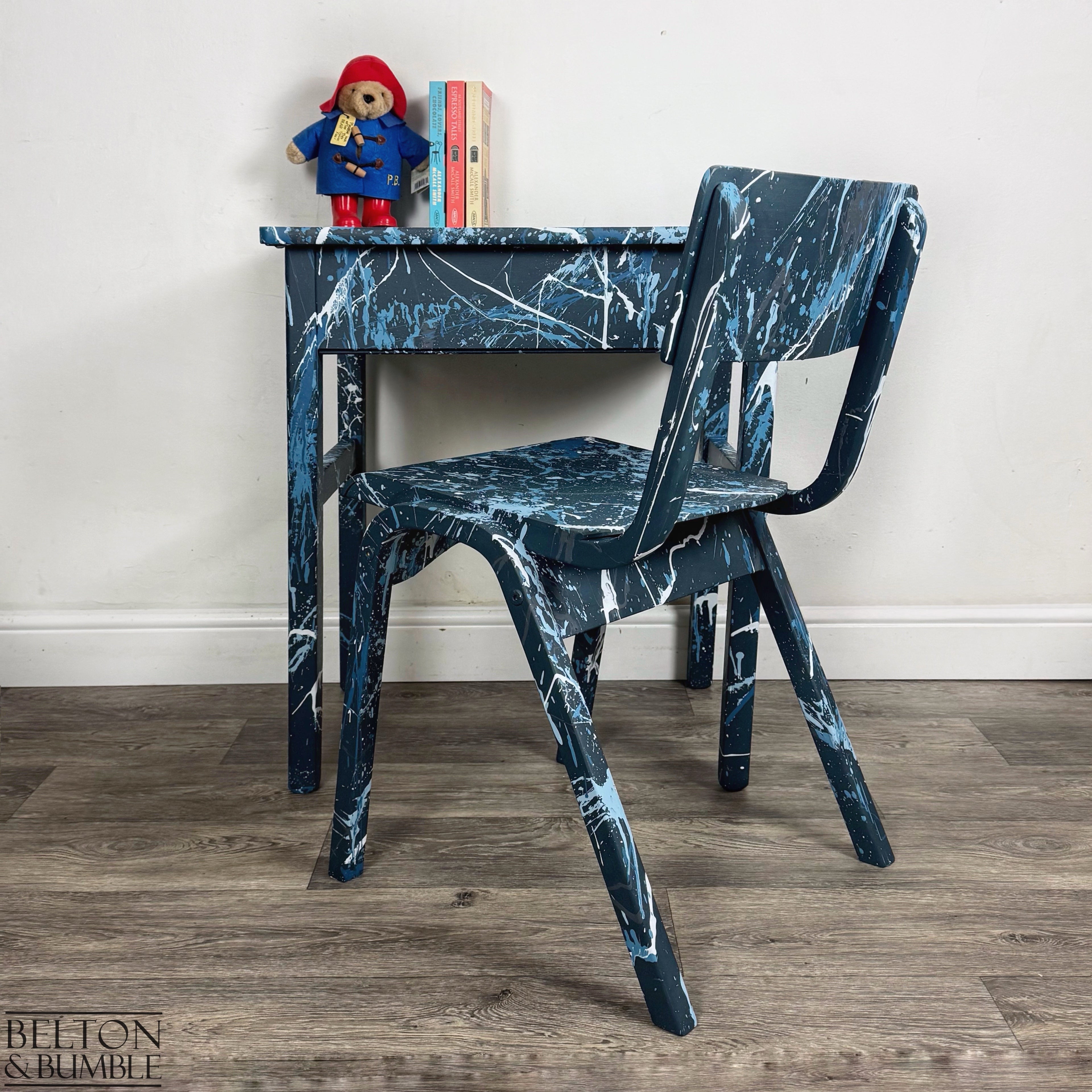 Old School Lift Lid Child’s Writing Desk and Chair in Navy Blue with Multi Coloured Details
