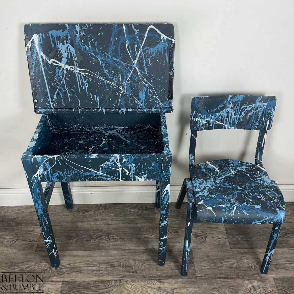 Old School Lift Lid Child’s Writing Desk and Chair in Navy Blue with Multi Coloured Details