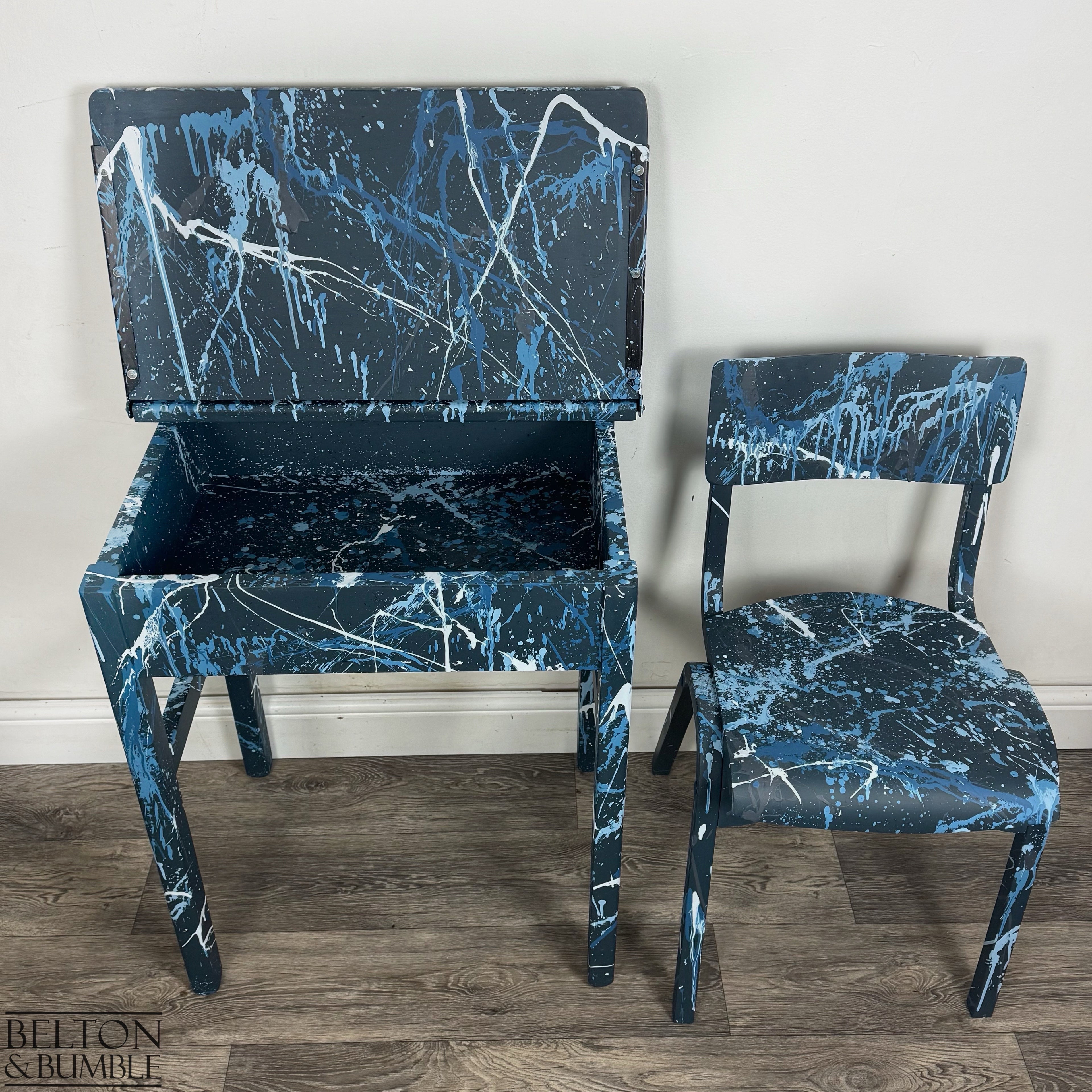 Old School Lift Lid Child’s Writing Desk and Chair in Navy Blue with Multi Coloured Details