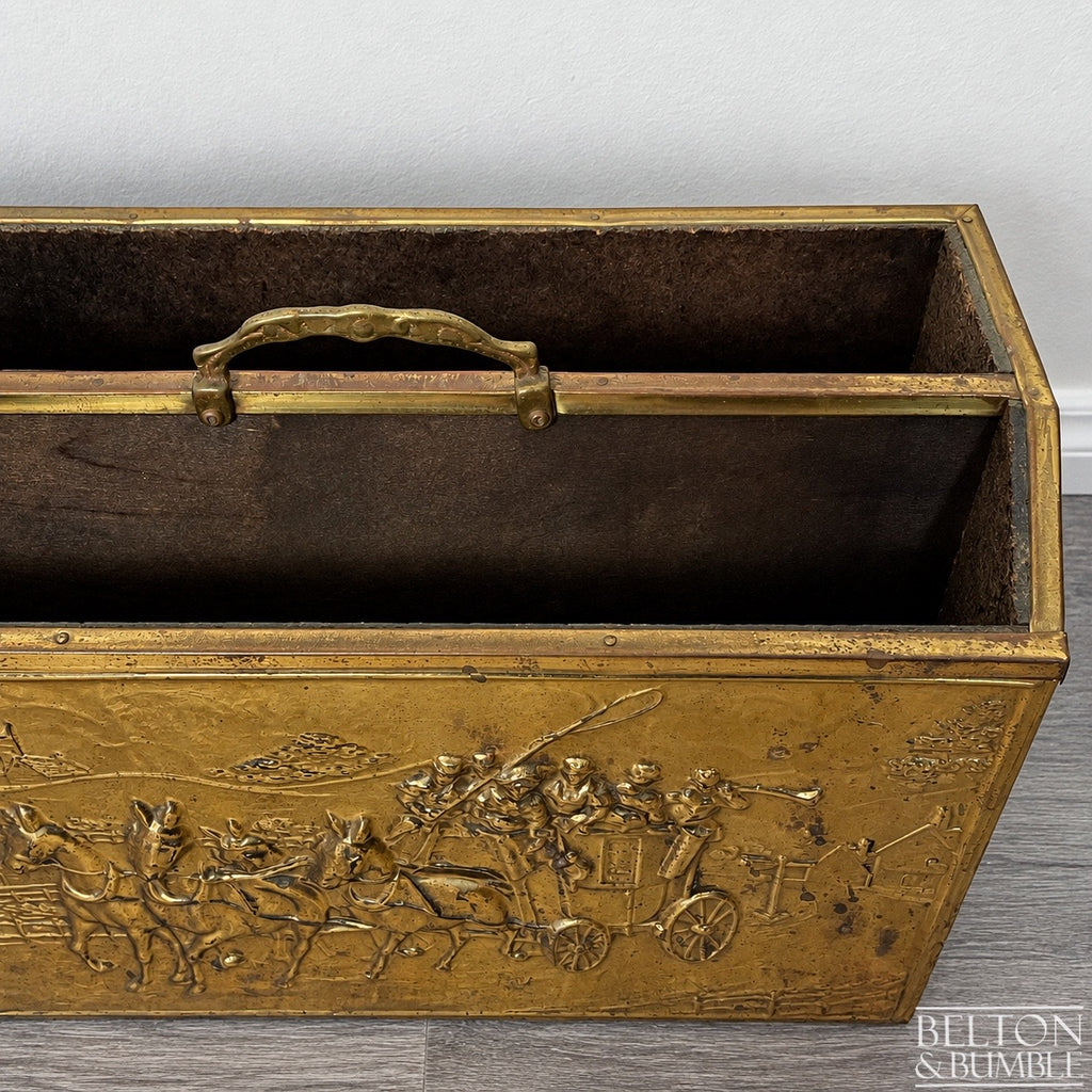 Mid Century Brass On Wood Magazine Holder with Coach & Horses Embossed