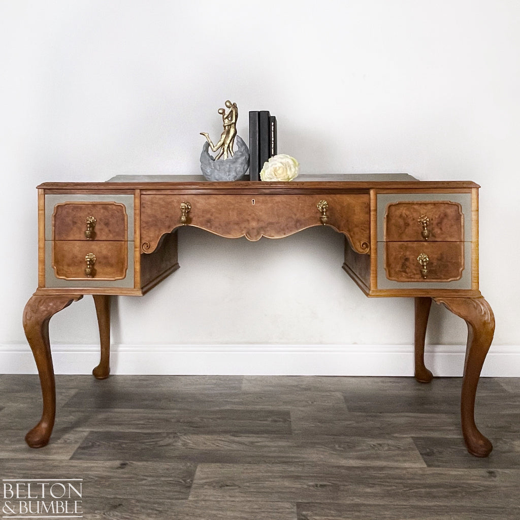 Large Cherry & Burr Cut Veneer Desk / Dressing Table in Green Grey-Belton & Bumble