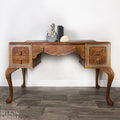 Large Cherry & Burr Cut Veneer Desk / Dressing Table in Green Grey-Belton & Bumble