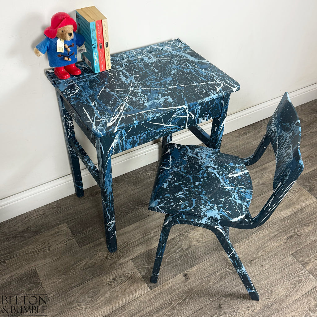Old School Lift Lid Child’s Writing Desk and Chair in Navy Blue with Multi Coloured Details