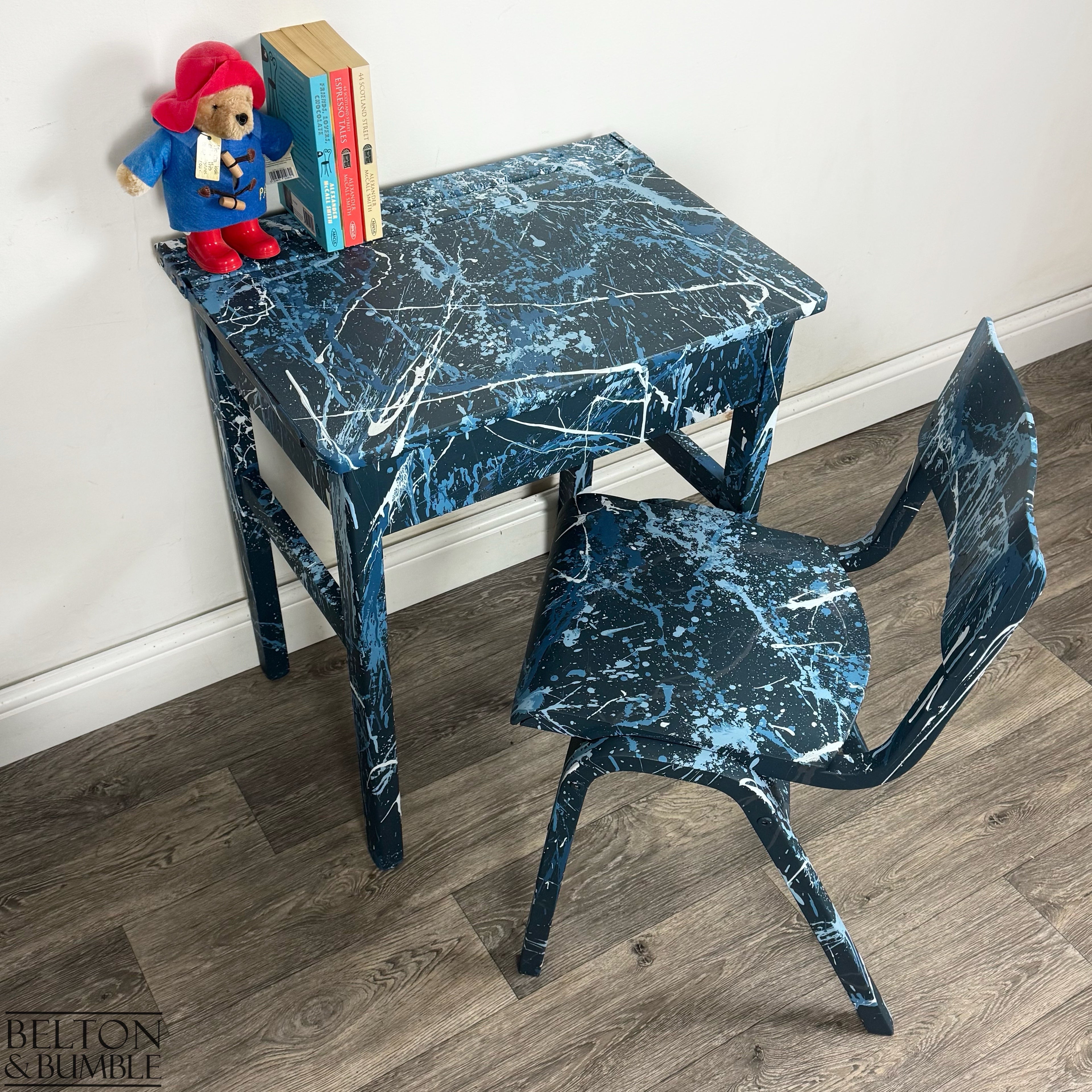 Old School Lift Lid Child’s Writing Desk and Chair in Navy Blue with Multi Coloured Details