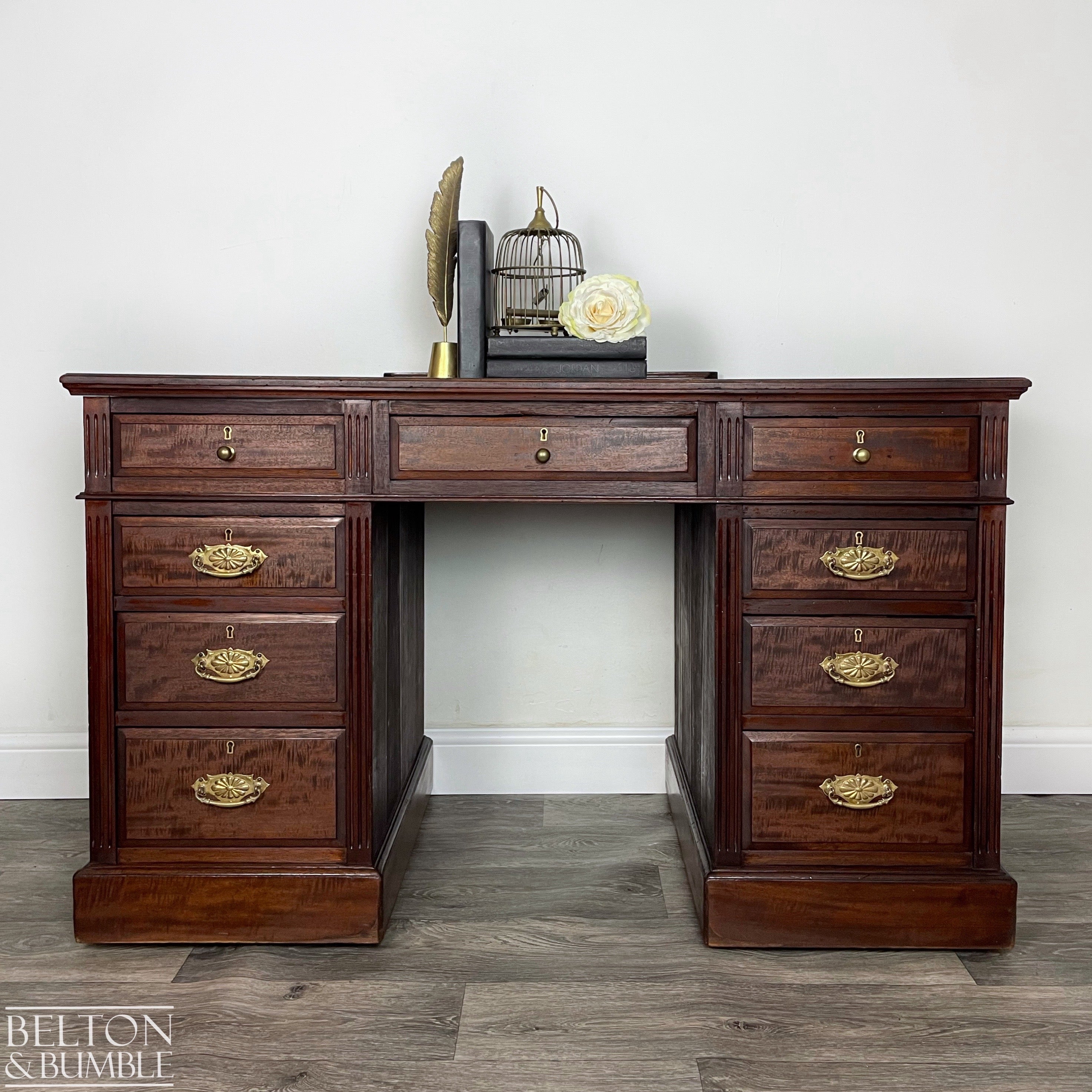 Mahogany Nine Drawer Twin Pedestal Desk-Belton & Bumble