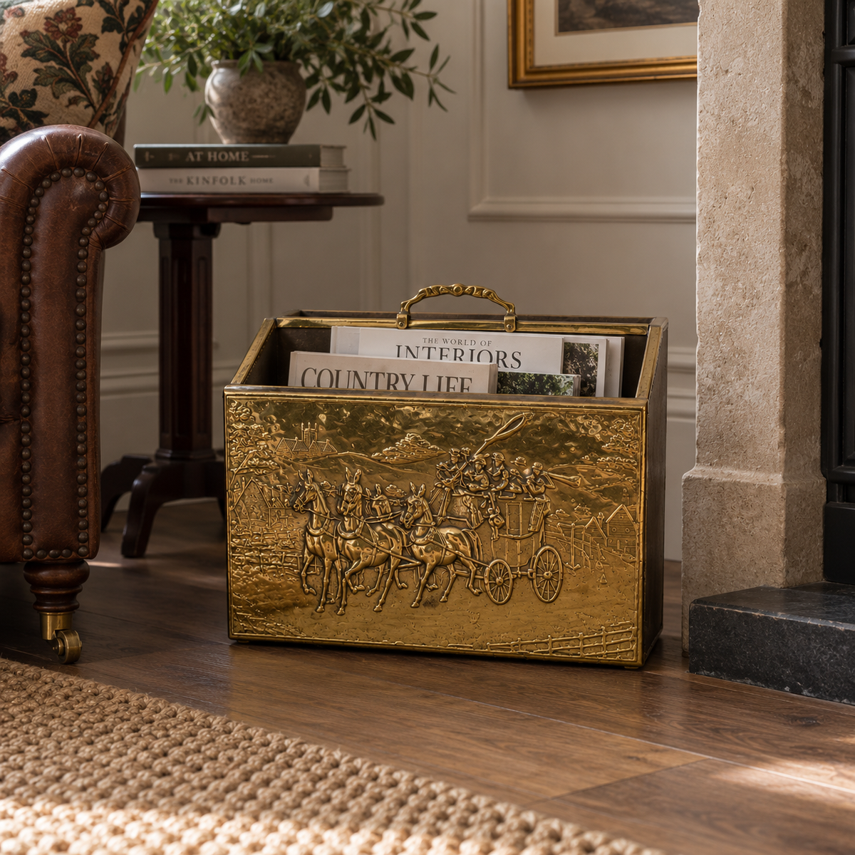 Mid Century Brass On Wood Magazine Holder with Coach & Horses Embossed