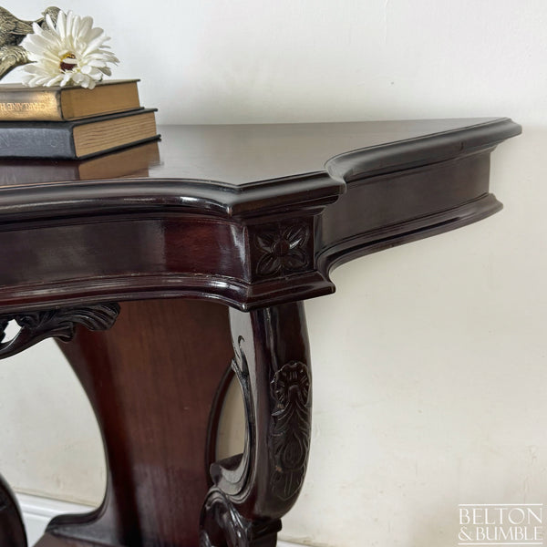 Reproduction Victorian Mahogany Serpentine Hallway Console Table with Carved Scroll Detail