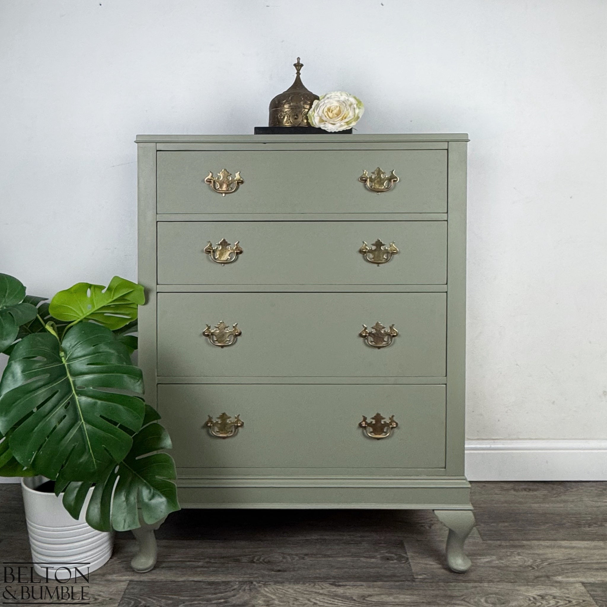 Four Drawer Mahogany Chest of Drawers in Light Sage Green