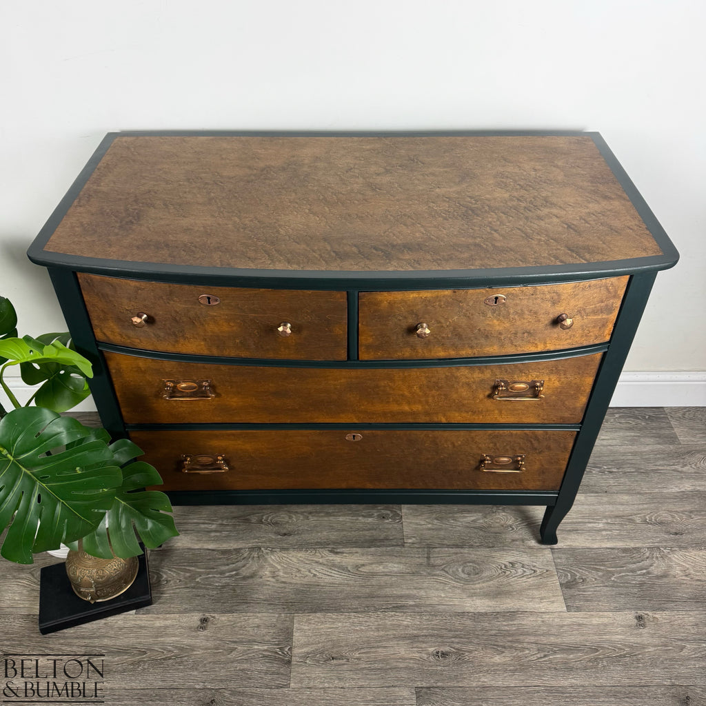 Bow Fronted Four Drawer Bird’s Eye Maple Chest of Drawers in Green