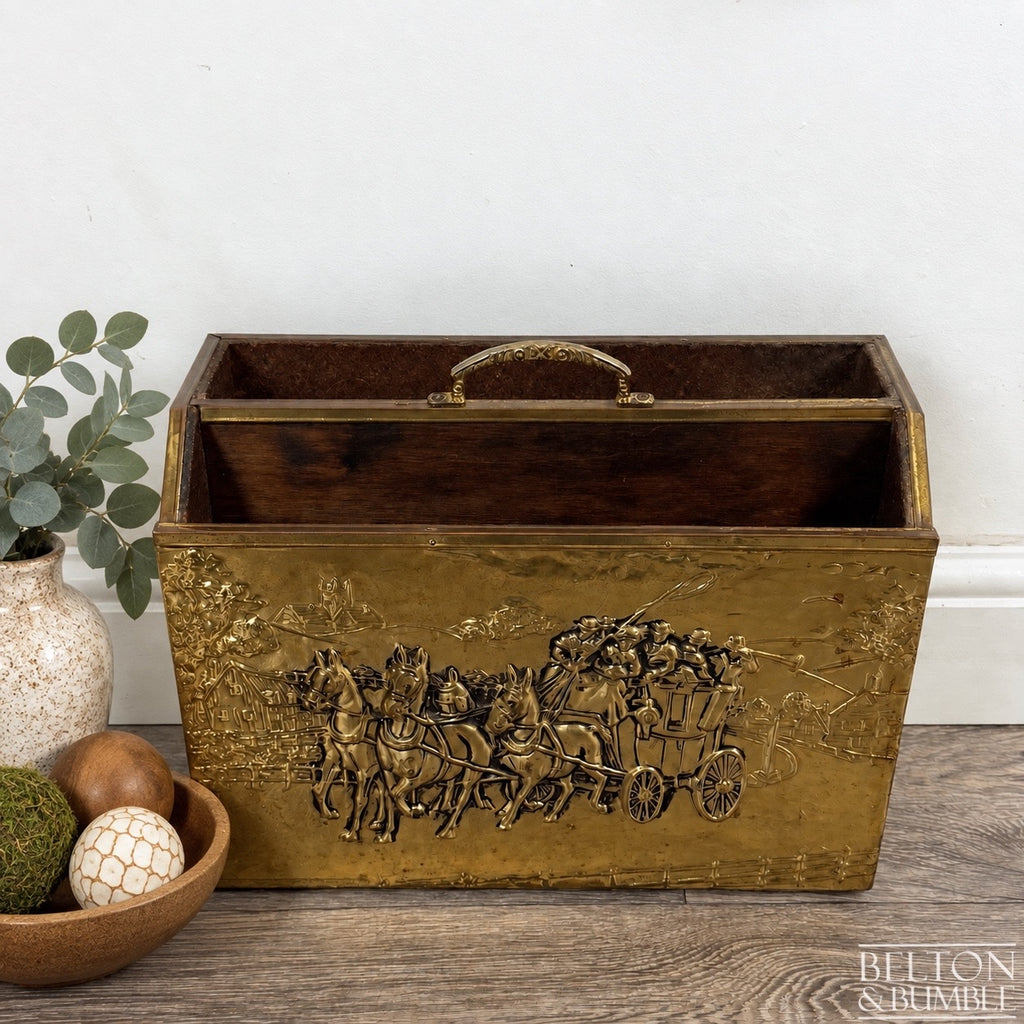 Mid Century Brass On Wood Magazine Holder with Coach & Horses Embossed