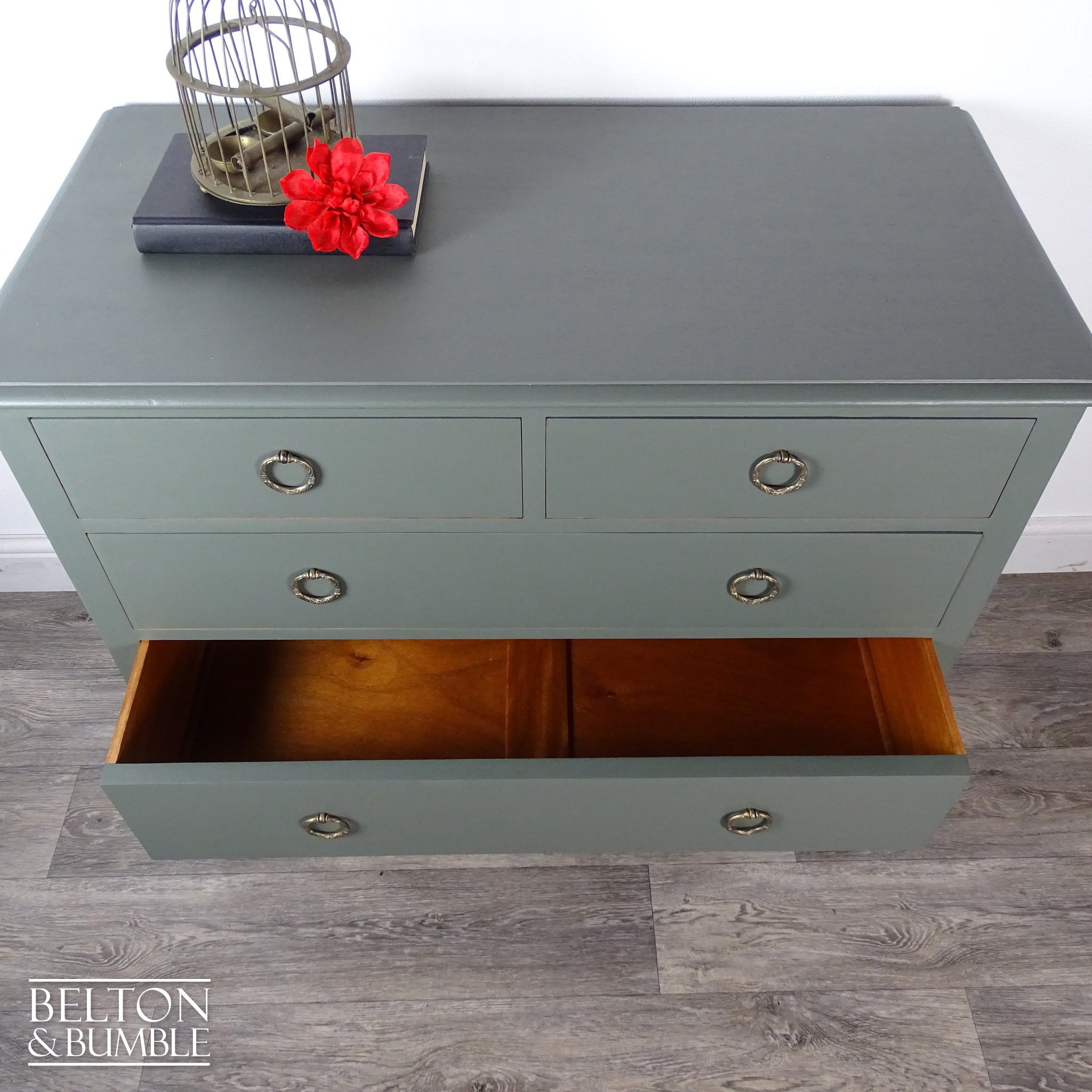 Four Drawer Mahogany Chest of Drawers in Green-Belton & Bumble