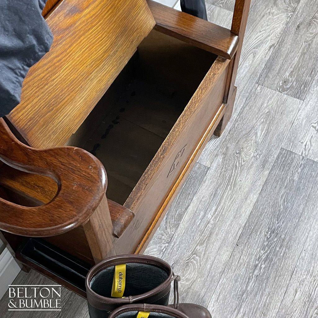 Oak Hallway Stand With Mirror, Coat Hooks, Umbrella Holders, And Lift Lid Storage Bench-Belton & Bumble