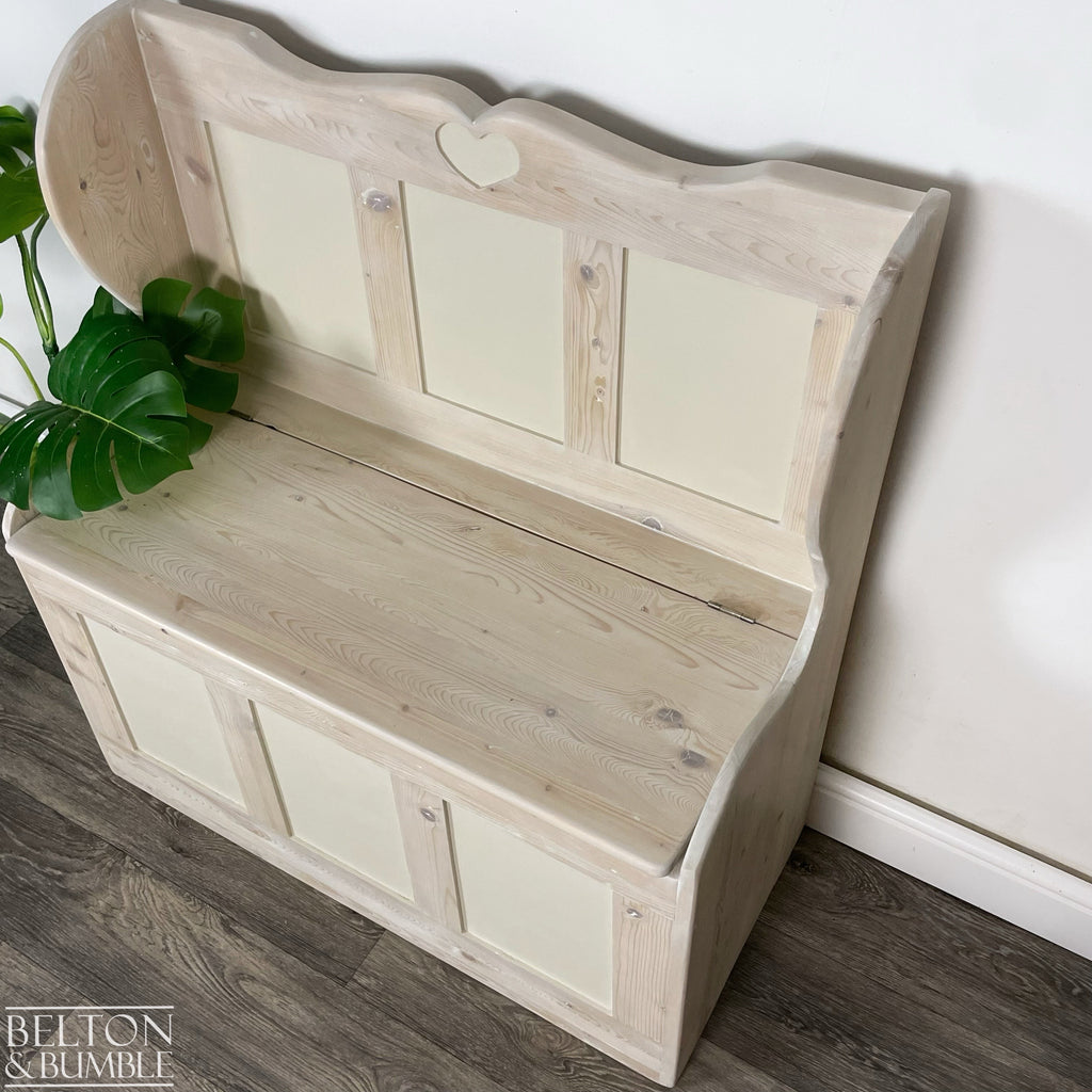 Pine Lift Lid Storage Bench Pew with a White Wash Weathered Finish-Belton & Bumble