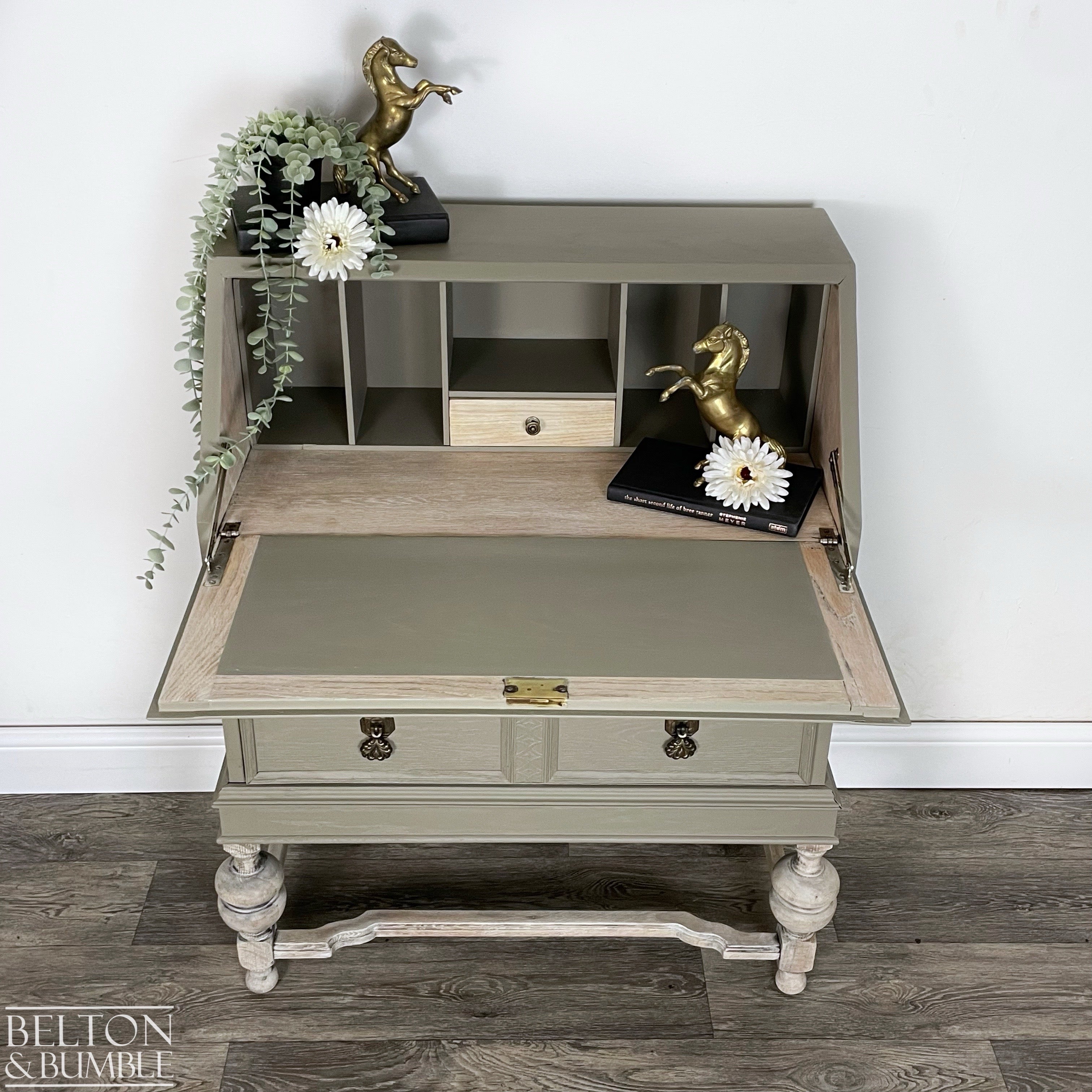 Oak Writing Desk Bureau in Green Grey-Bureau-Belton & Bumble