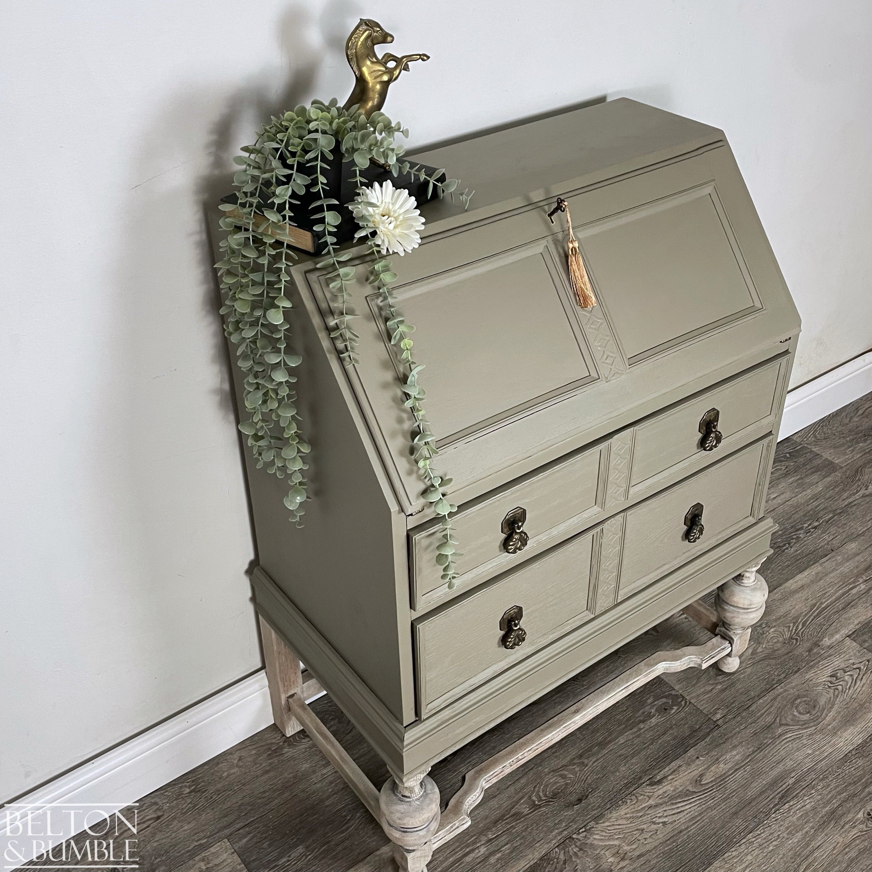 Oak Writing Desk Bureau in Green Grey-Bureau-Belton & Bumble