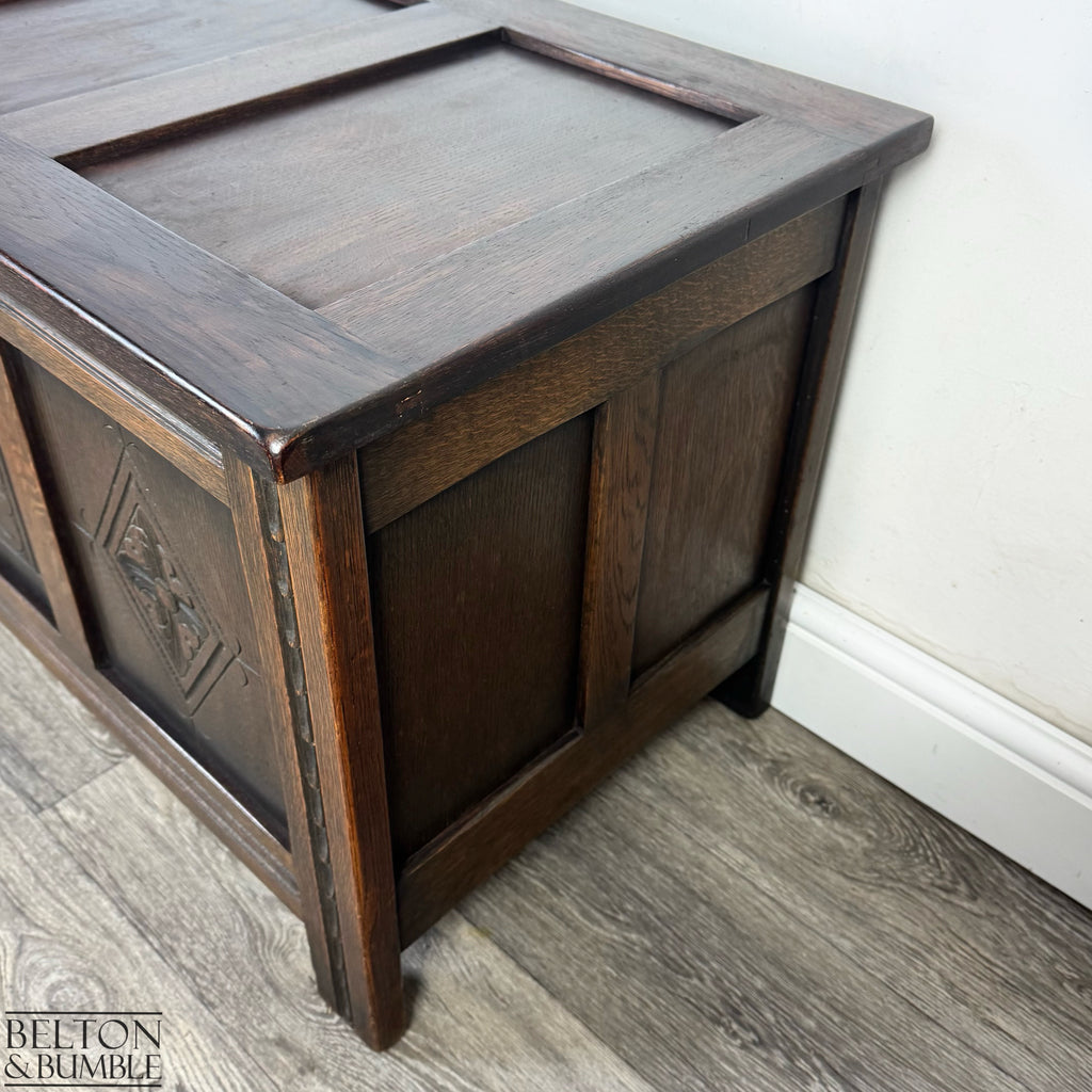 Vintage Oak Carved Panel Blanket Box, Storage Chest Coffer