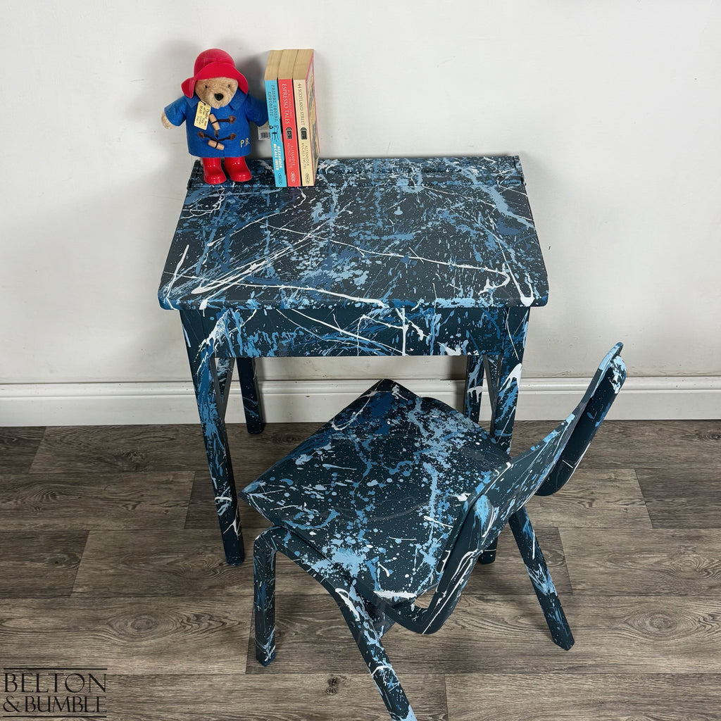Old School Lift Lid Child’s Writing Desk and Chair in Navy Blue with Multi Coloured Details
