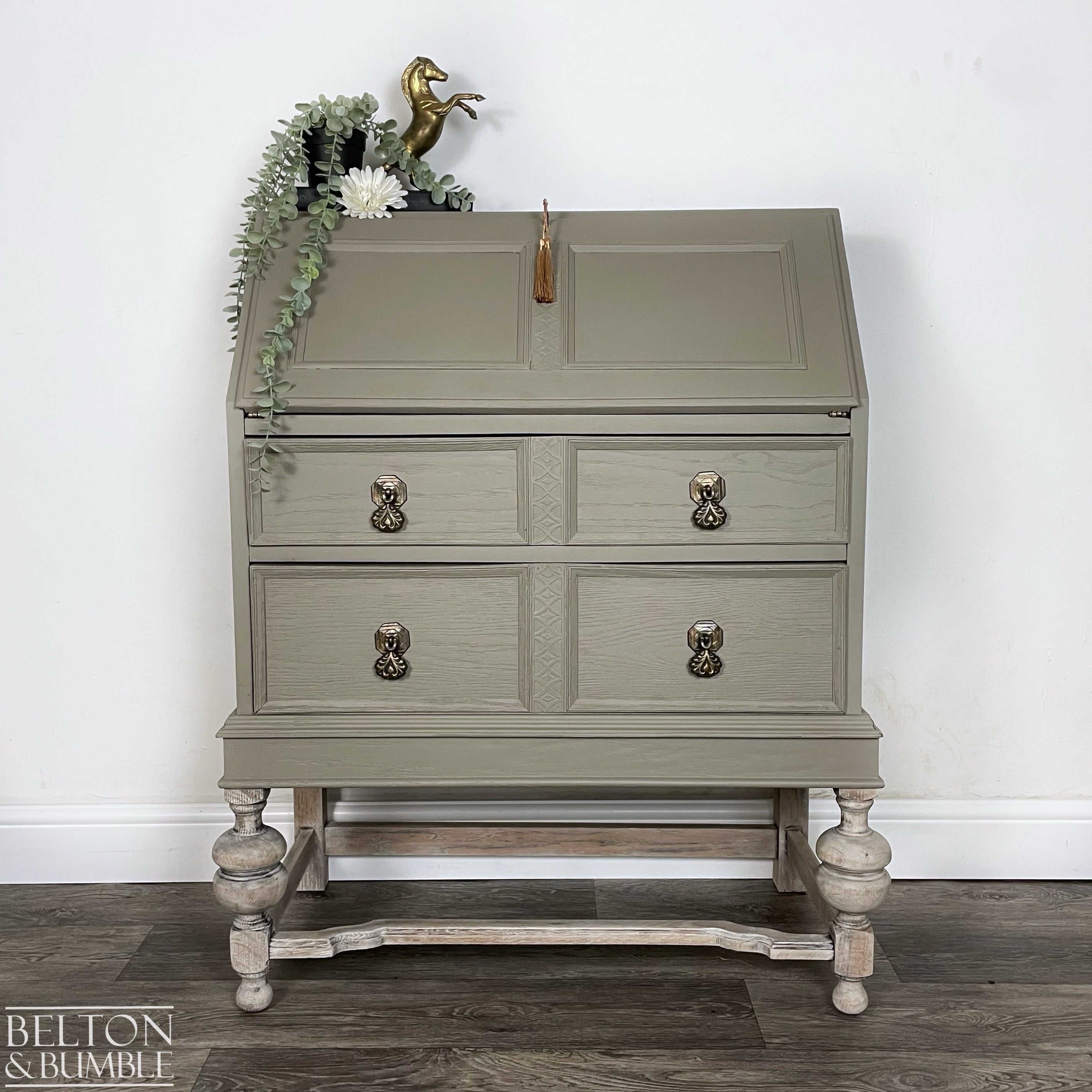 Oak Writing Desk Bureau in Green Grey-Bureau-Belton & Bumble