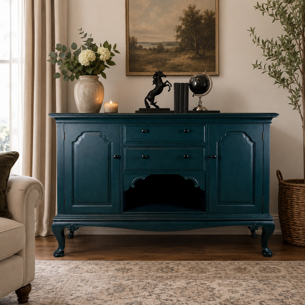 Solid Wood Carved Blue Drinks Cabinet Sideboard