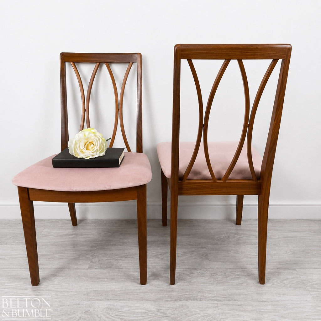 Set of Four Modern G-Plan Curve Back Teak & Afrormosia Dining Chairs by E. Gomme with Dusky Pink Velvet, 1970’s