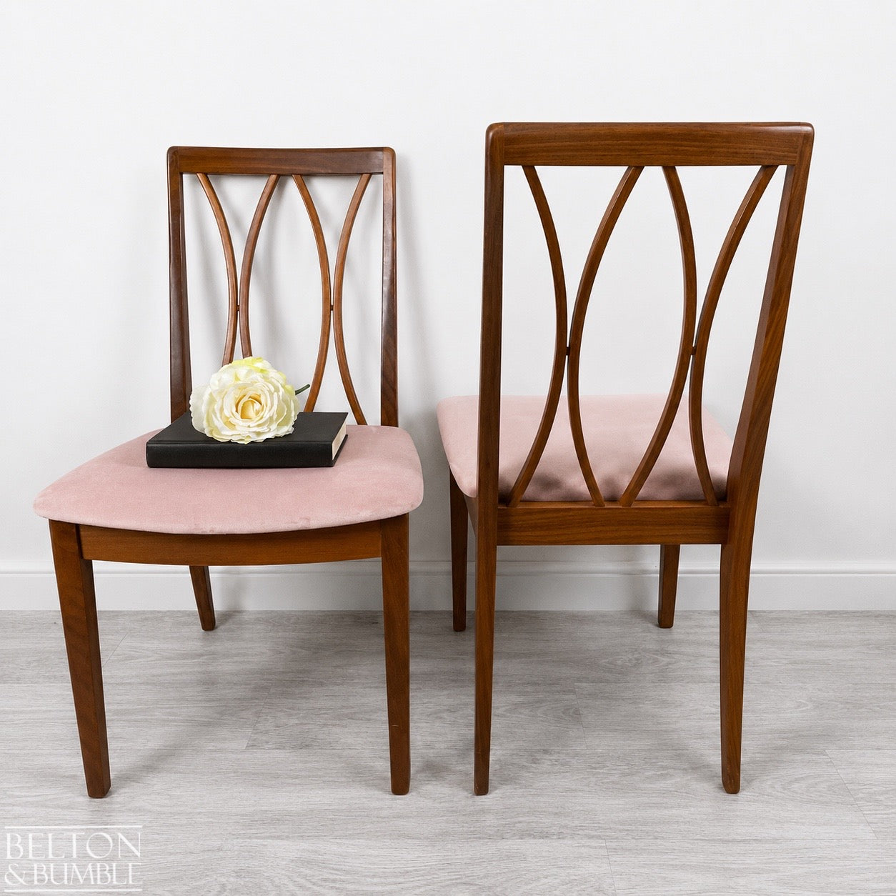 Set of Four Modern G-Plan Curve Back Teak & Afrormosia Dining Chairs by E. Gomme with Dusky Pink Velvet, 1970’s