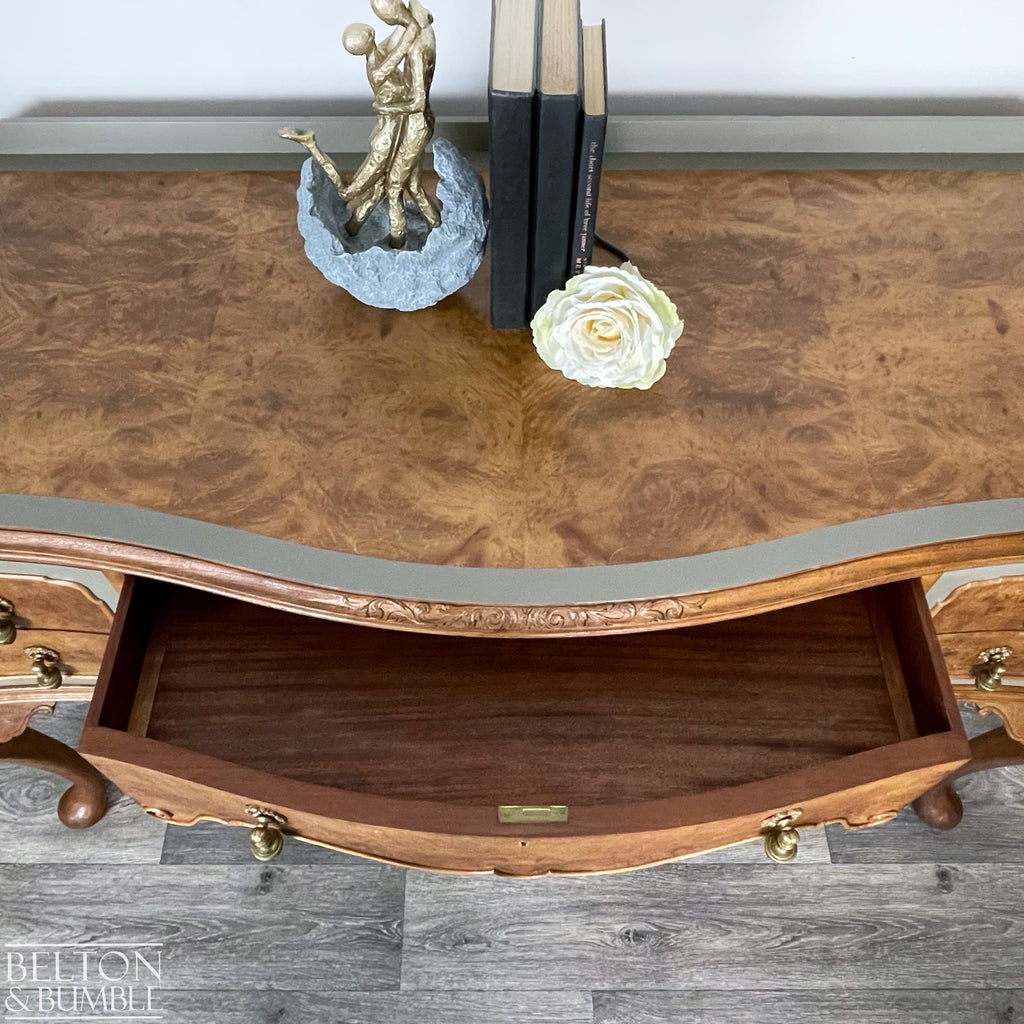 Large Cherry & Burr Cut Veneer Desk / Dressing Table in Green Grey-Belton & Bumble