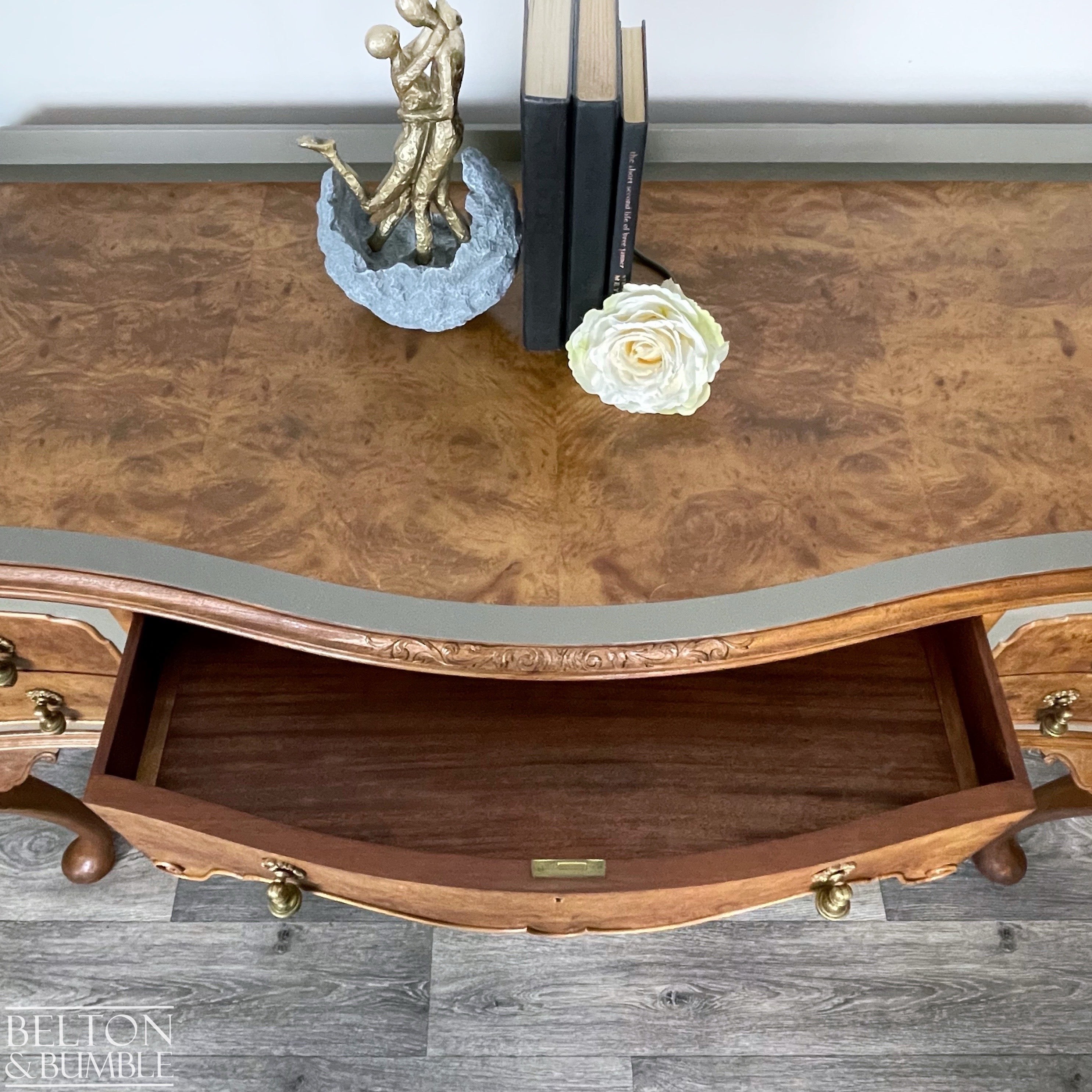 Large Cherry & Burr Cut Veneer Desk / Dressing Table in Green Grey-Belton & Bumble