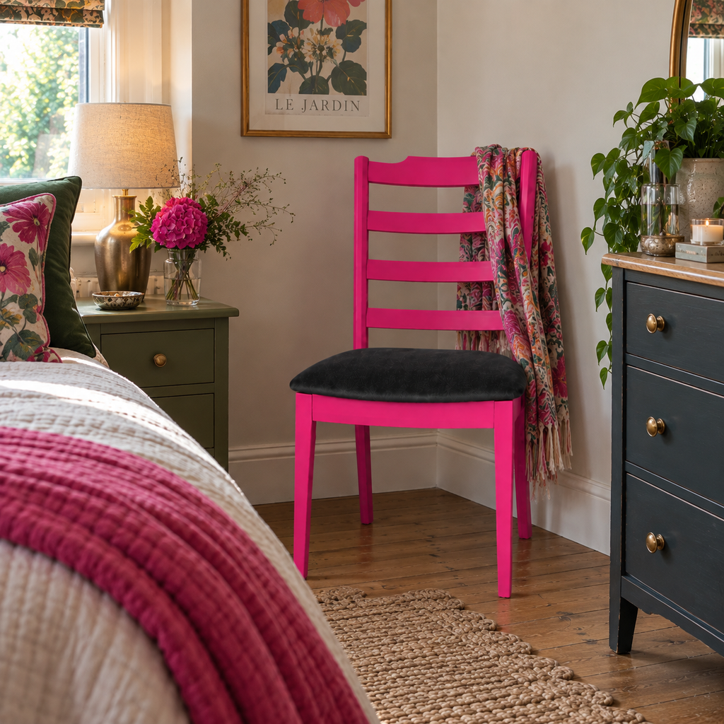 Bright Pink G Plan Chair with Dark Grey Velvet Seat