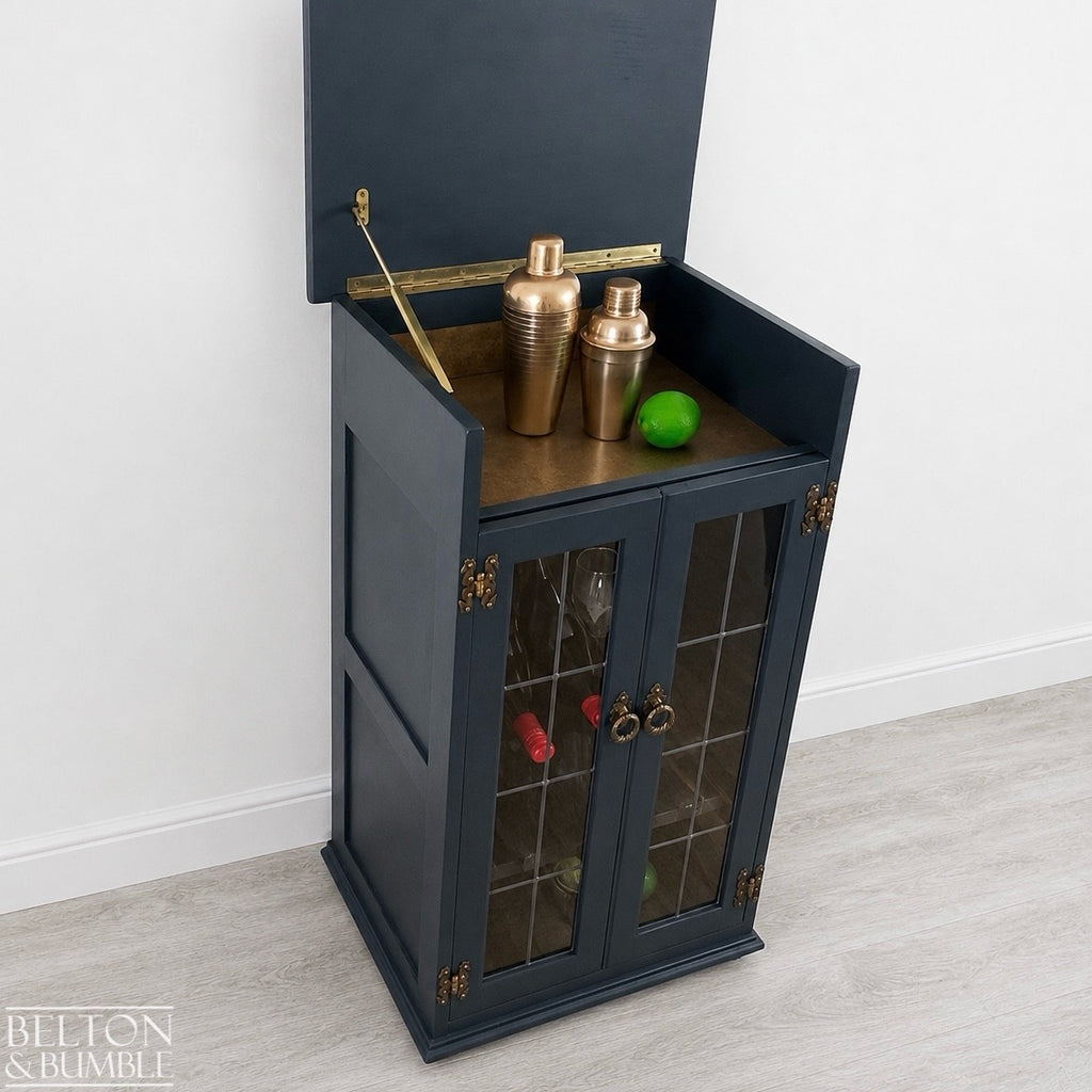 Solid Wood Carved Navy and Gold Cocktail Drinks Cabinet