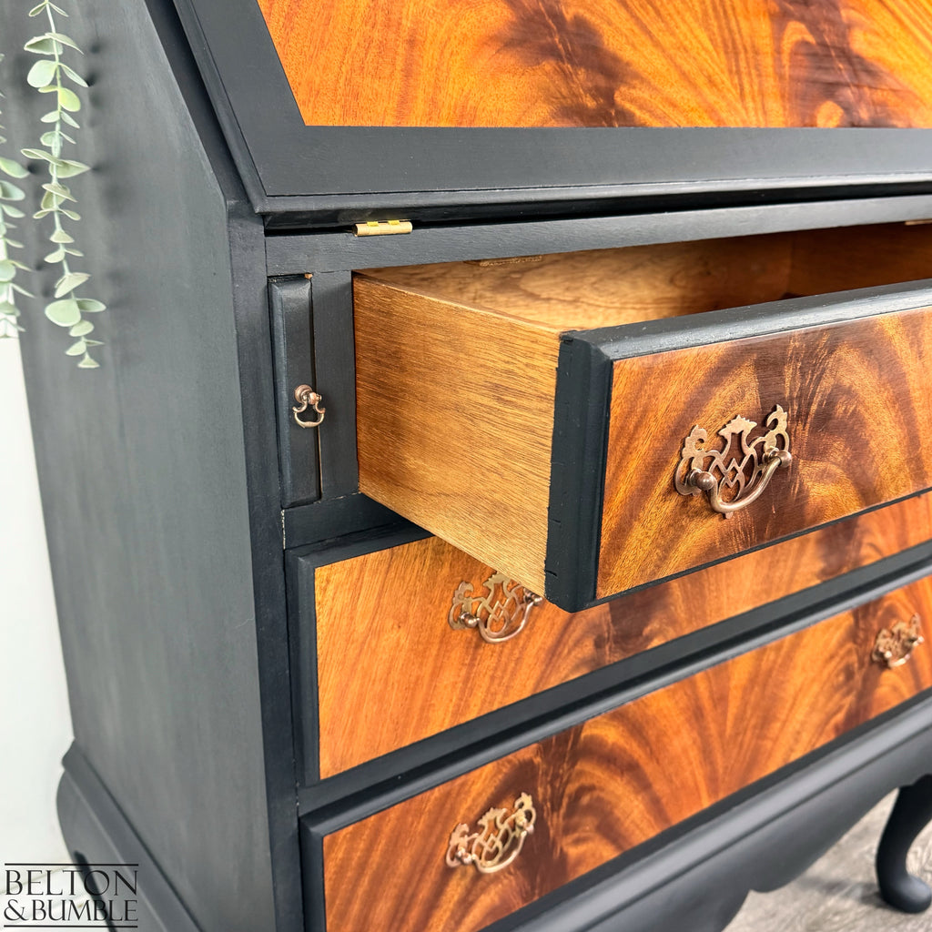 Queen Anne Flame Mahogany Writing Bureau Desk in Black-Belton & Bumble