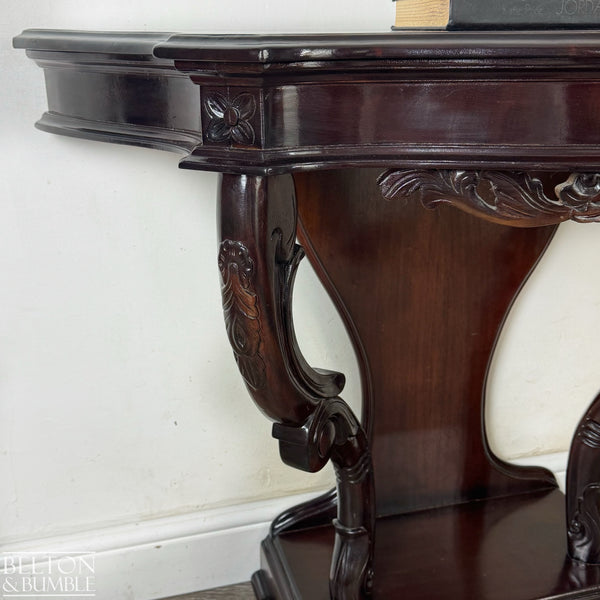 Reproduction Victorian Mahogany Serpentine Hallway Console Table with Carved Scroll Detail