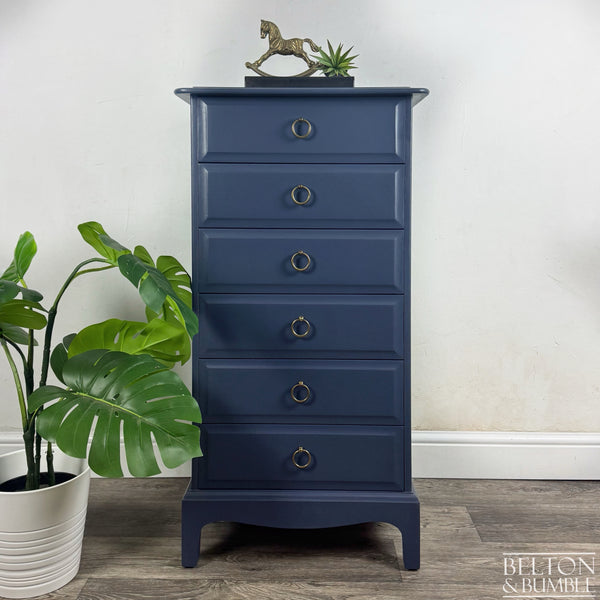 Narrow 6 Drawer Tallboy Chest and Matching Bedside Drawers in Navy – STAG Minstrel