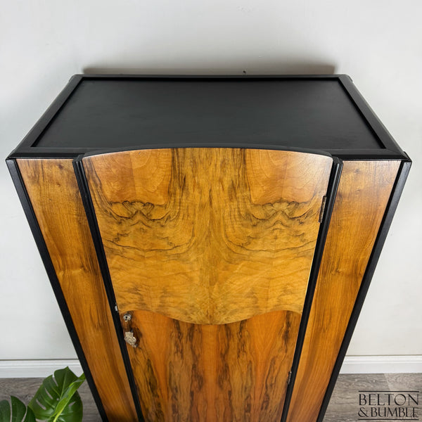 Bow-Fronted Vintage Wardrobe Tallboy in Walnut & Black