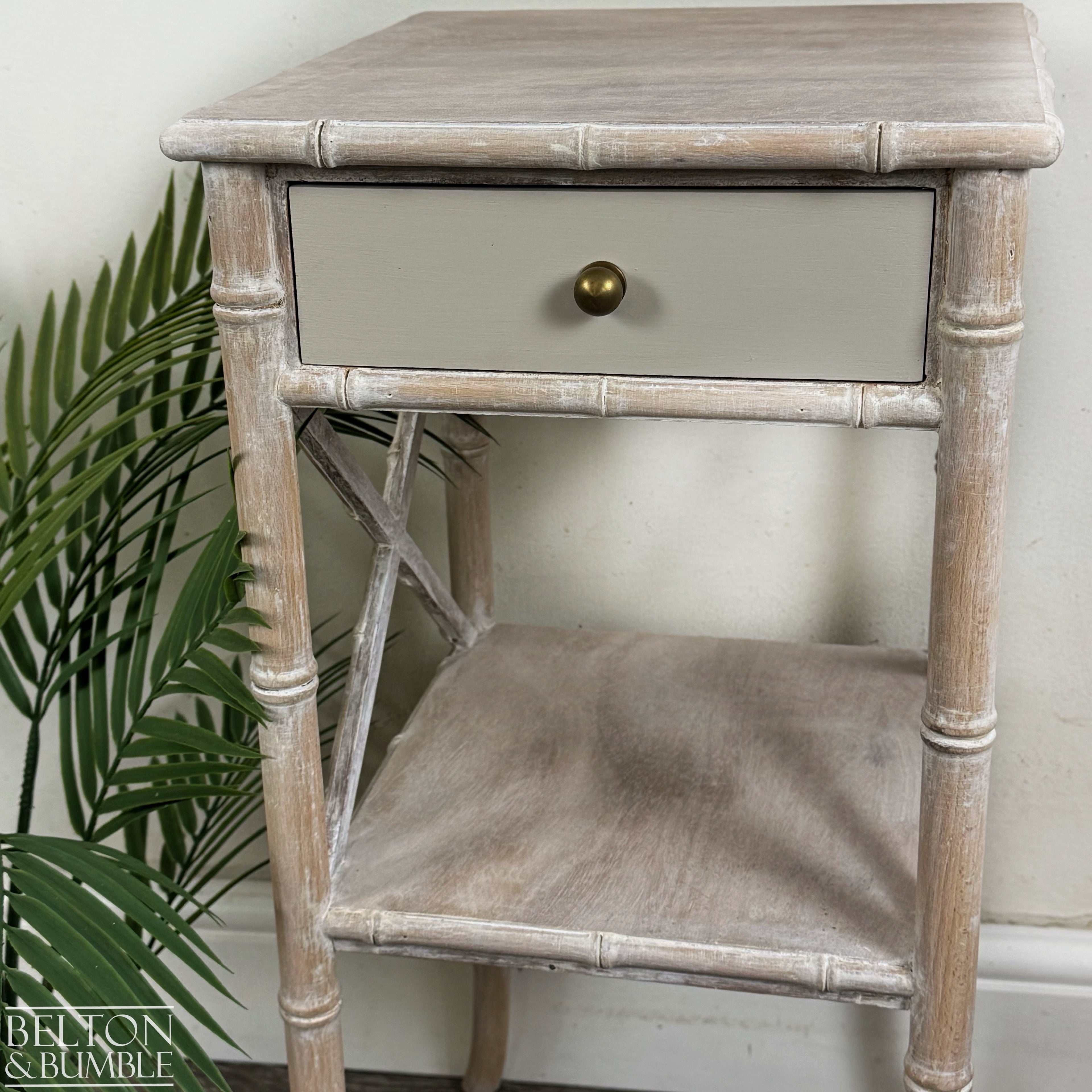 Faux Bamboo Bedside Table in Soft Cream Lime Waxed