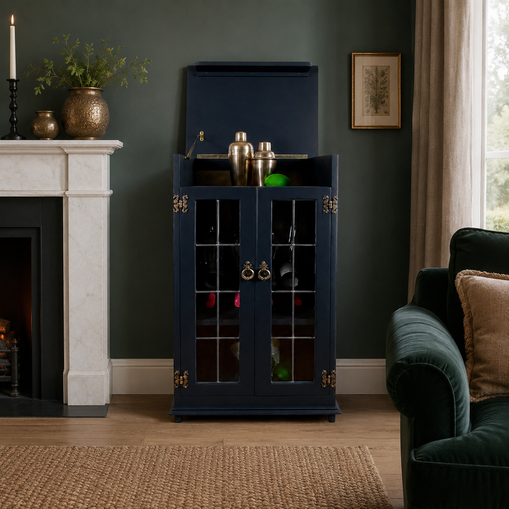 Solid Wood Carved Navy and Gold Cocktail Drinks Cabinet