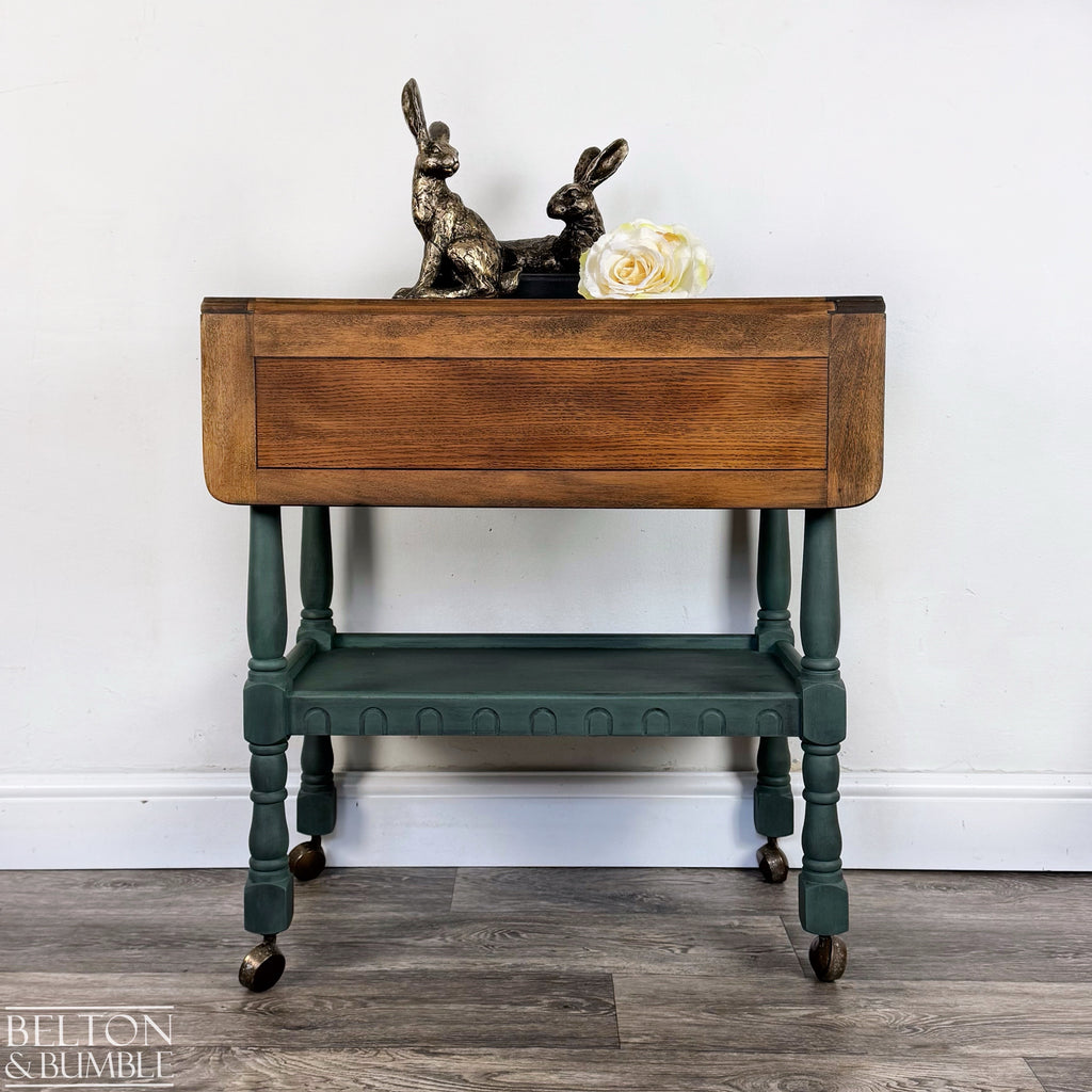 Mid 20th Century Oak Drop Leaf Serving Trolley Table in Green-Belton & Bumble