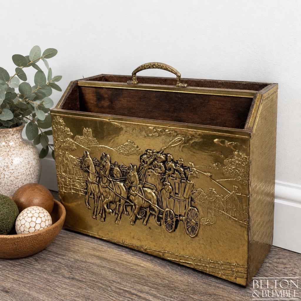Mid Century Brass On Wood Magazine Holder with Coach & Horses Embossed
