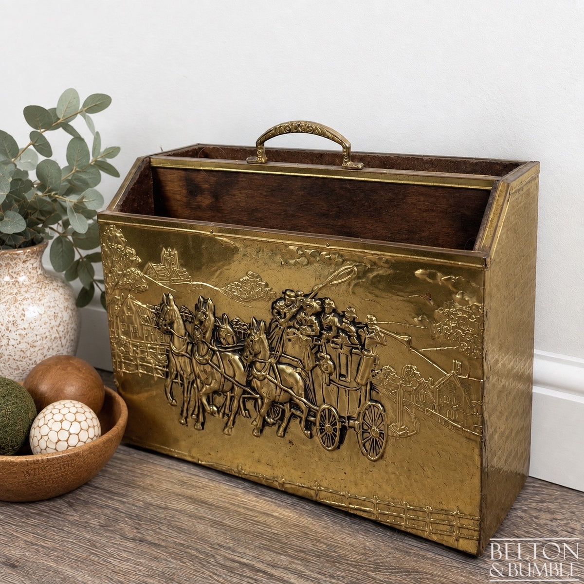 Mid Century Brass On Wood Magazine Holder with Coach & Horses Embossed