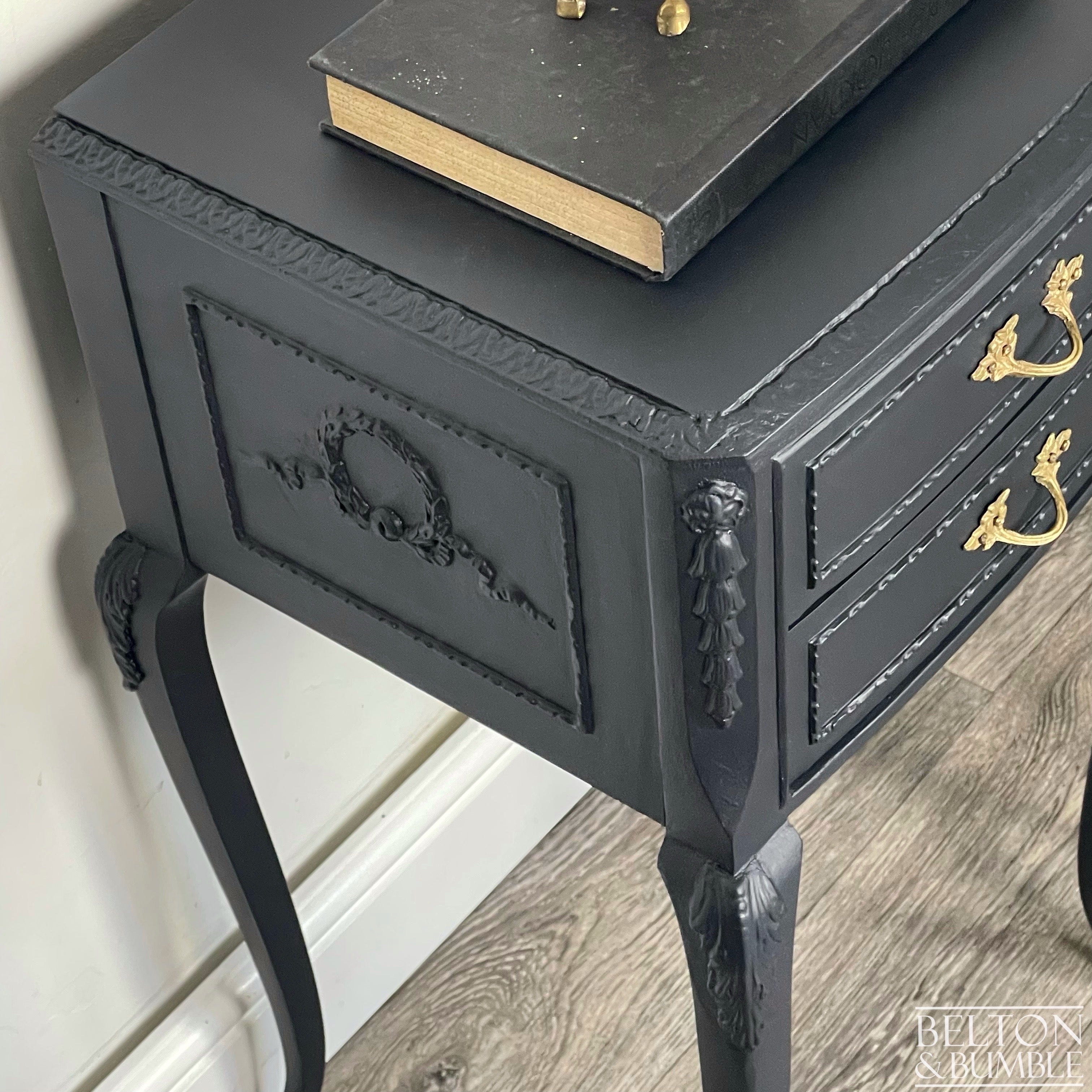 Vintage Double Door Armoire Wardrobe & Bedside Drawers in Black-Bedroom Set-Belton & Bumble