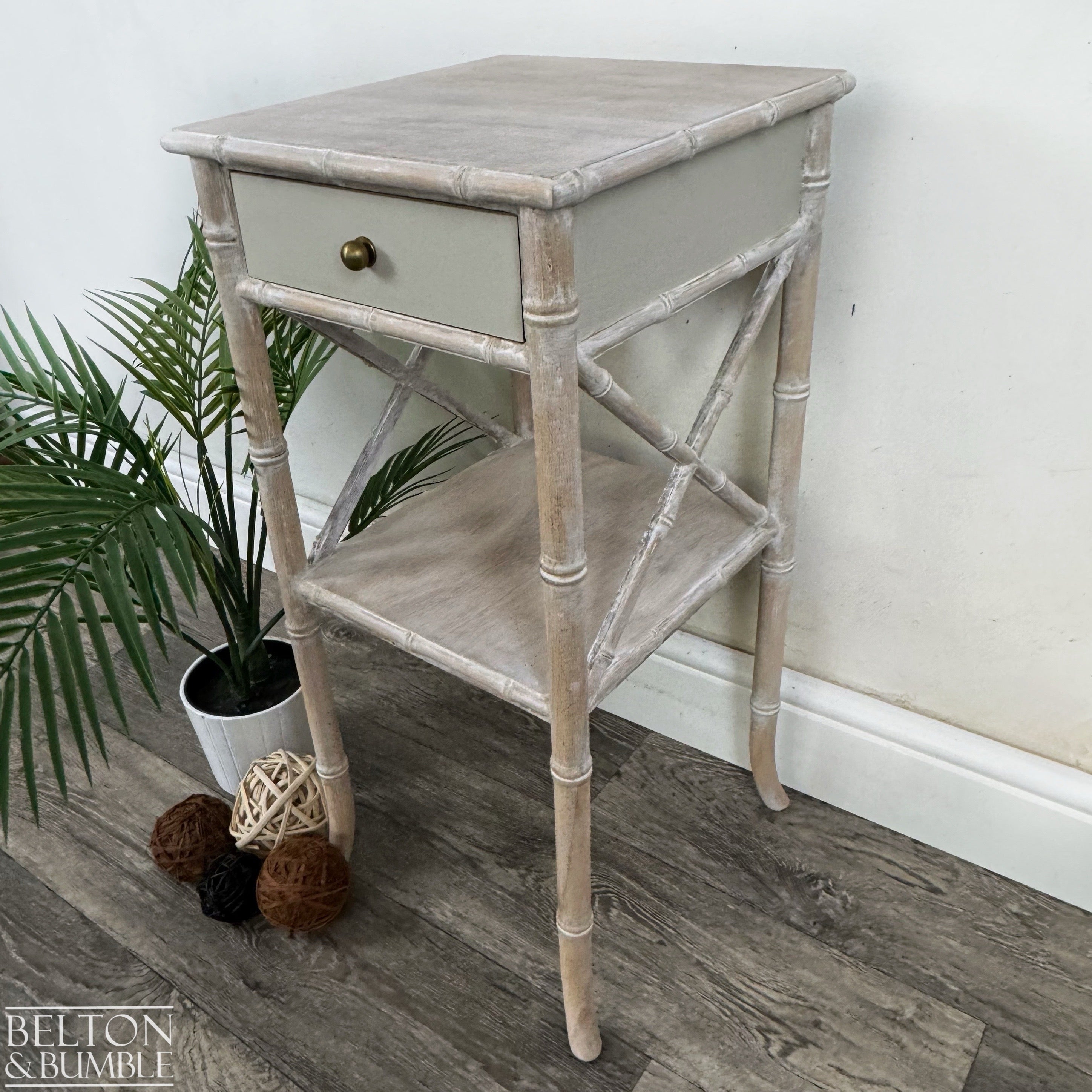 Faux Bamboo Bedside Table in Soft Cream Lime Waxed
