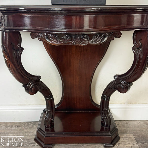 Reproduction Victorian Mahogany Serpentine Hallway Console Table with Carved Scroll Detail
