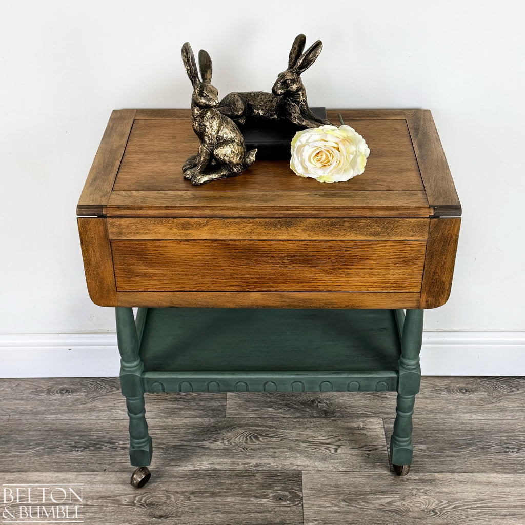 Mid 20th Century Oak Drop Leaf Serving Trolley Table in Green-Belton & Bumble