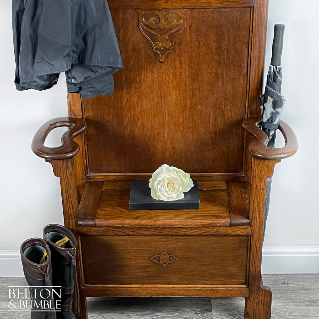 Oak Hallway Stand With Mirror, Coat Hooks, Umbrella Holders, And Lift Lid Storage Bench-Belton & Bumble