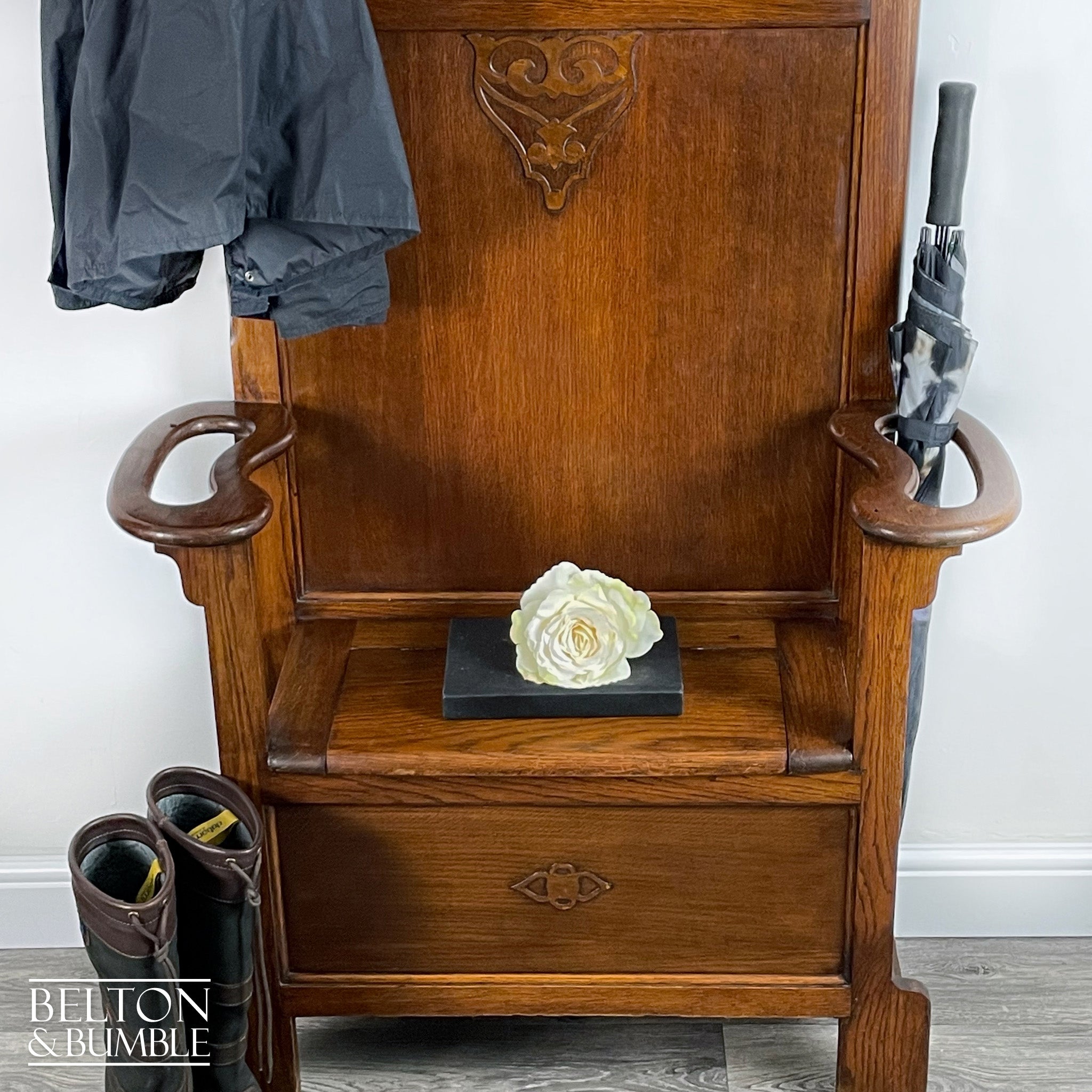 Oak Hallway Stand With Mirror, Coat Hooks, Umbrella Holders, And Lift Lid Storage Bench-Belton & Bumble