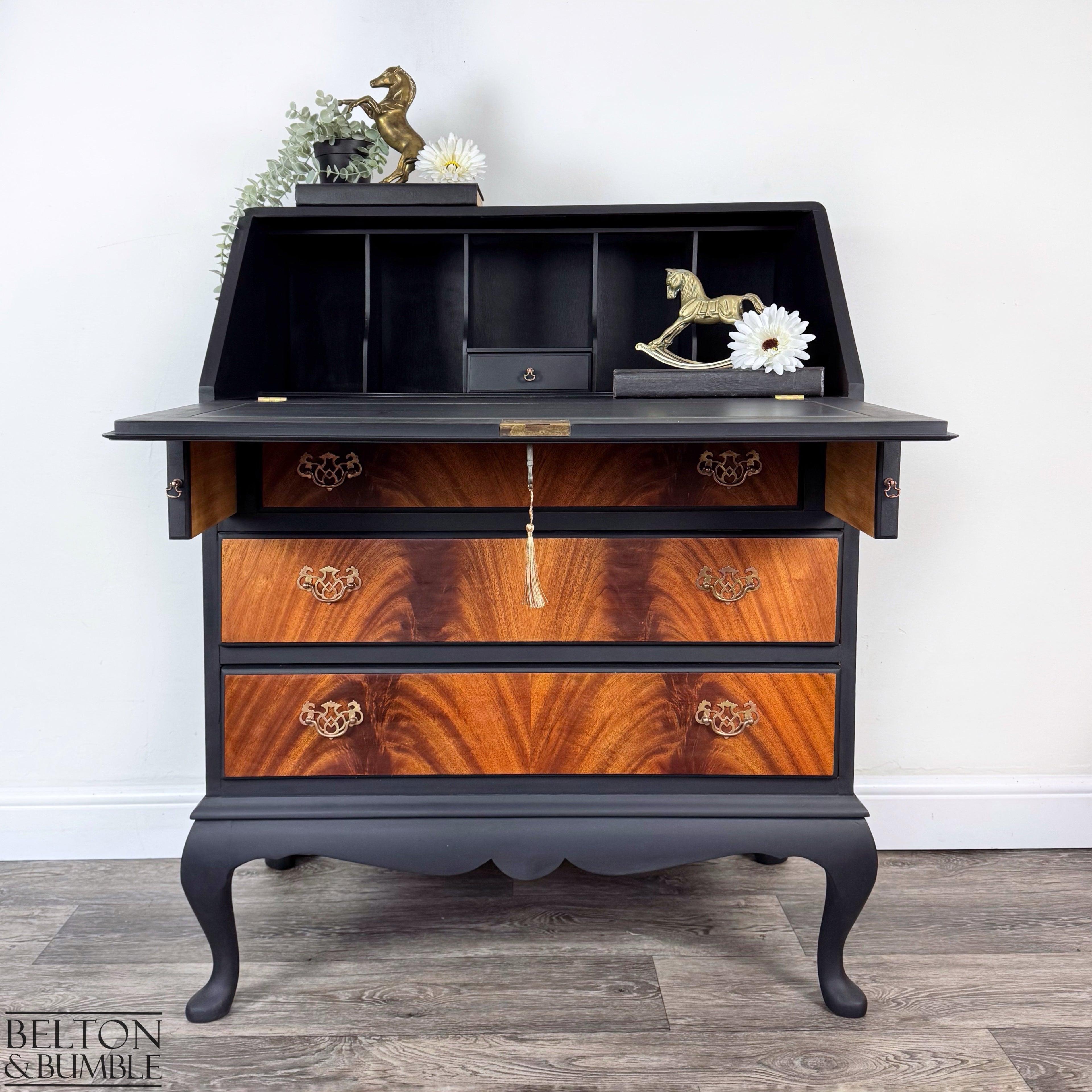 Queen Anne Flame Mahogany Writing Bureau Desk in Black-Belton & Bumble