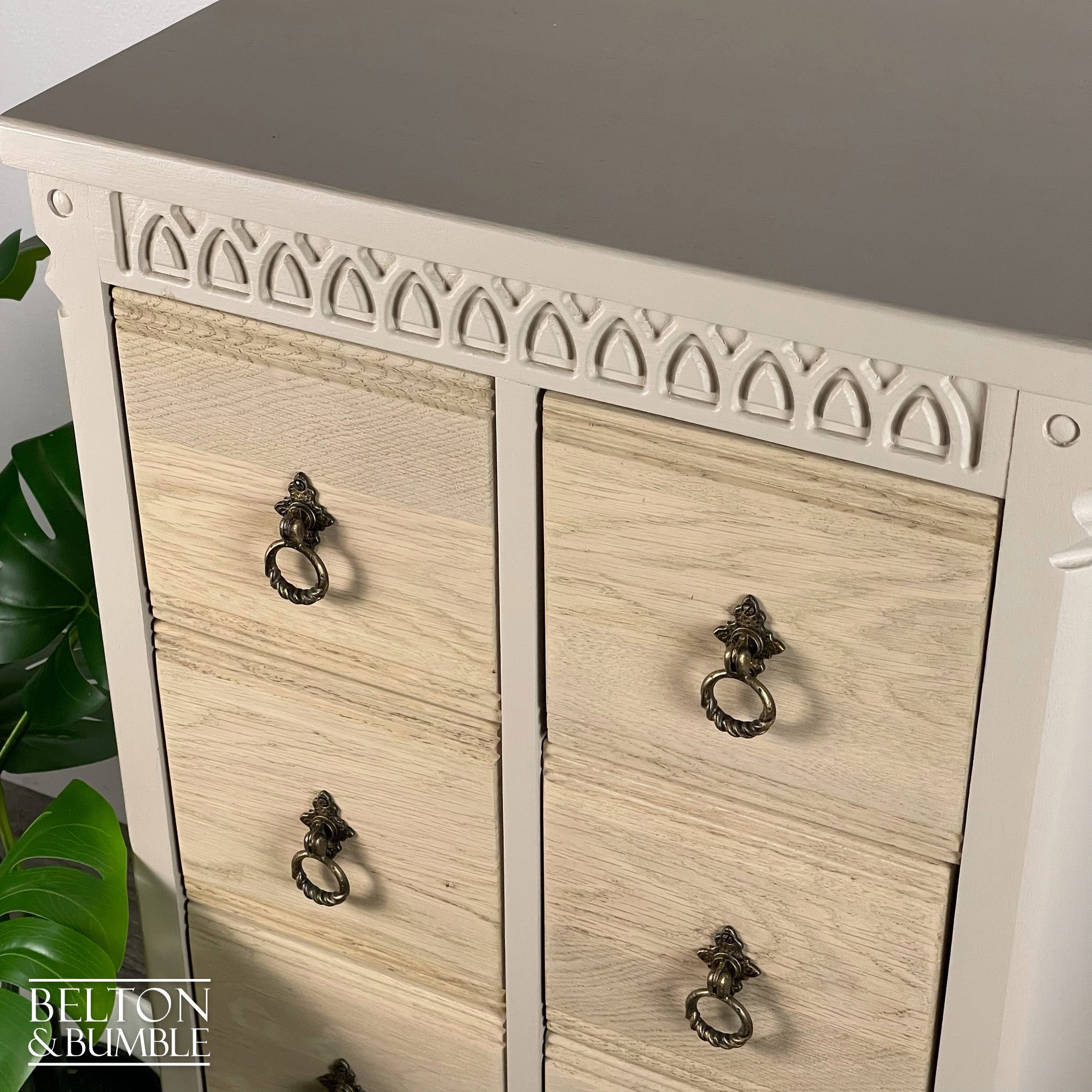 Eight Drawer Chest of Drawers in Taupe Cream and Oak-Belton & Bumble